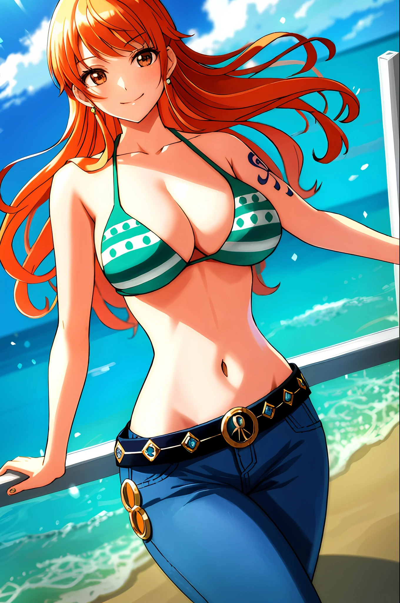 detailed background, masterpiece, best quality, 1girl, solo, nami \(one piece\), 1girl, bangle, bangs, bare shoulders, belt, bikini, bikini top only, blue sky, bracelet, breasts, brown eyes, bubble, cleavage, cloud, cowboy shot, day, denim, earrings, floating hair, green belt, green bikini, groin, jeans, jewelry, large breasts, log pose, long hair, looking at viewer, navel, orange hair, pants, shoulder tattoo, sidelocks, sky, smile, solo, standing, stomach, swimsuit, tattoo , looking at viewer