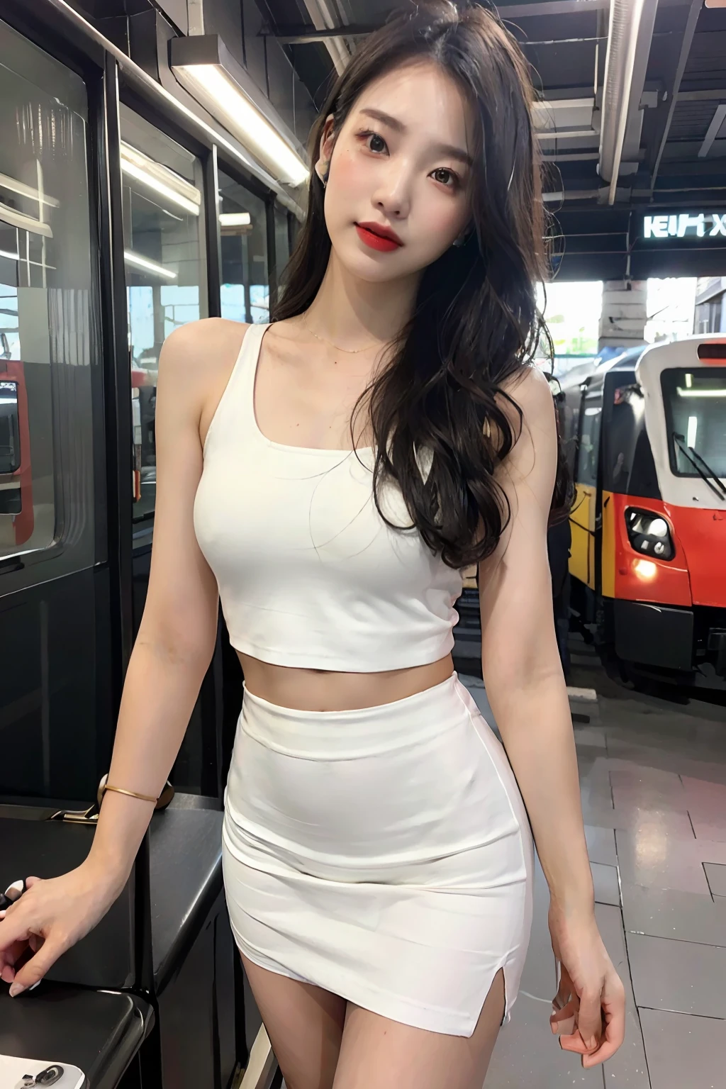 best quality, masterpiece, ultra high res, 8K, raw, (photo realistic:1.4), sharp focus, 1 girl, (detailed background:1.5), crowded train,  girl, slender, varied poses, cute, 18yo, laugh, tiny breasts, black hair, wavy hair, detailed clothes, white shirt, round swinging sexyi skirt