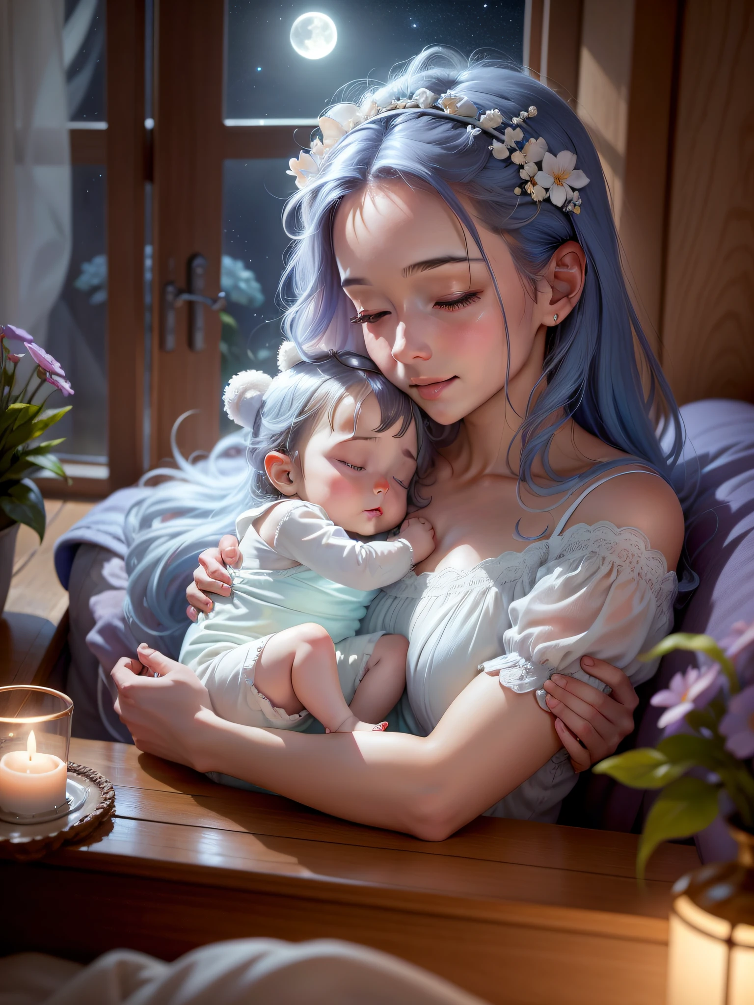 Image depicting a mother looking lovingly at her baby. The scene must be magical, illuminated by a soft tone of light blue, include elements that are reminiscent of a dream, include a crib, a sideboard on top of a small table with flowers, a teddy bear, in the upper part you can place the moon and some stars floating around. The mother’s hair should be flowing gently in the breeze, and the baby should be sleeping peacefully in the crib. The overall feeling of the image should be one of warmth, love, and serenity, Pixar, cinematic lighting, 4K