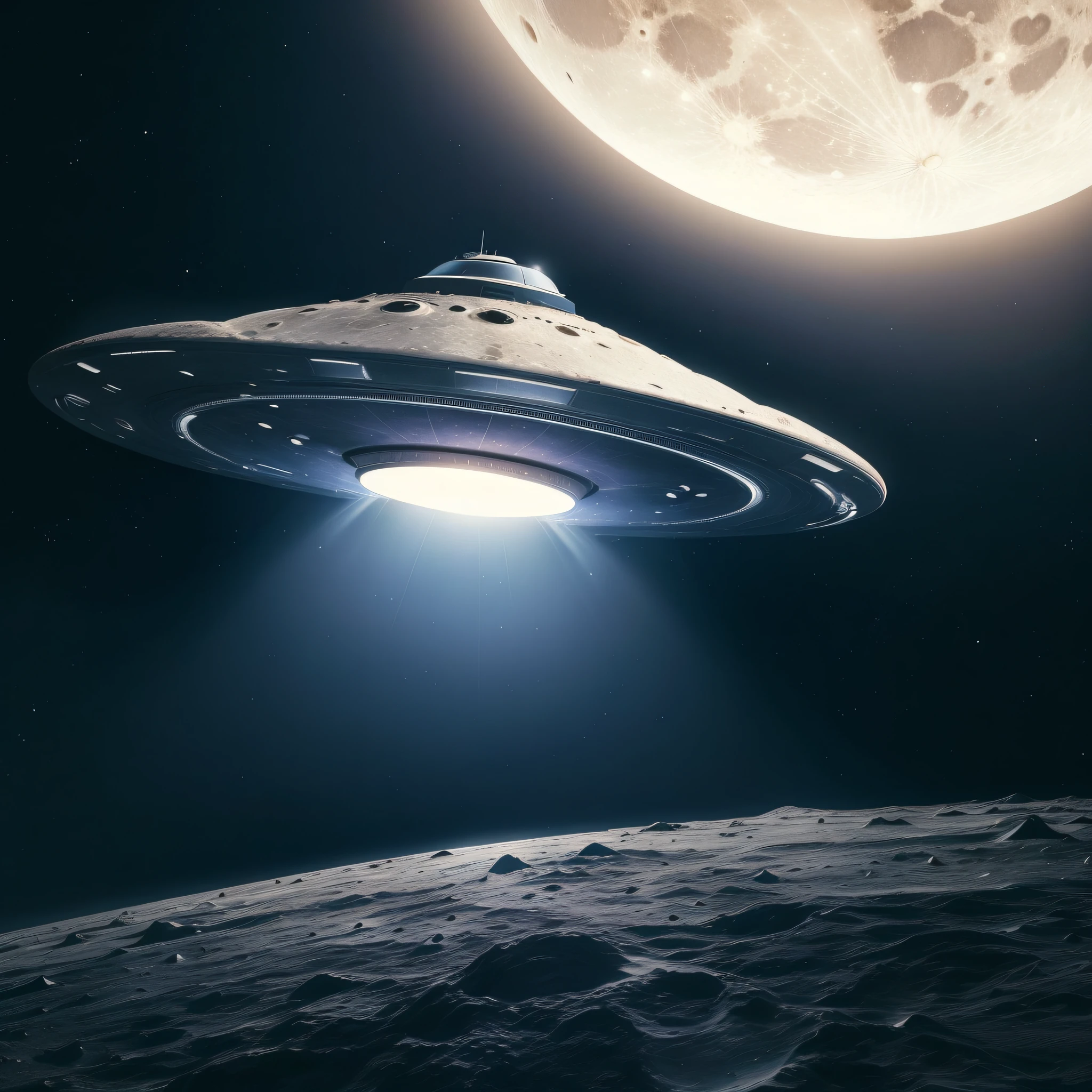 A flying saucer hovering over the Moon with the planet Earth in the background in space