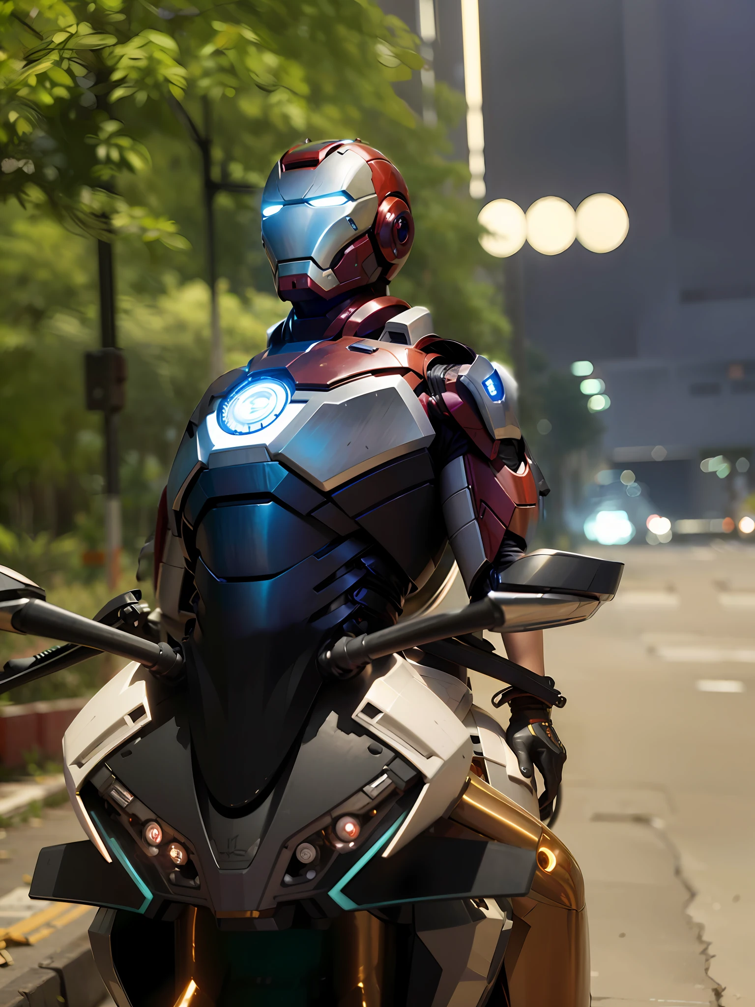 Iron Man mech head, delicate face, glowing eyes, high-tech armor, detailed details, blue light