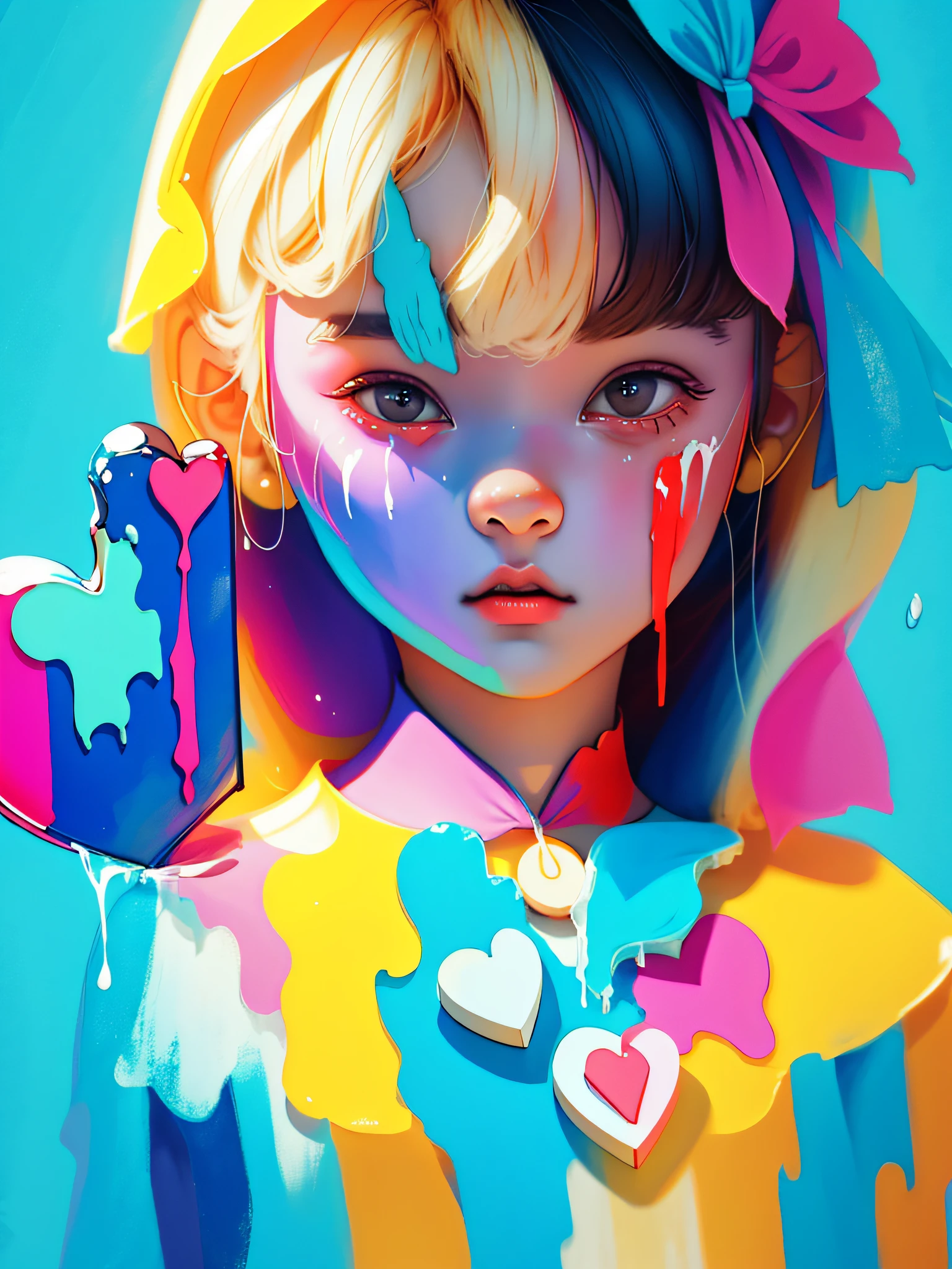 a conceptual drawing, half face half heart, paint dripping, masterpiece, Something
