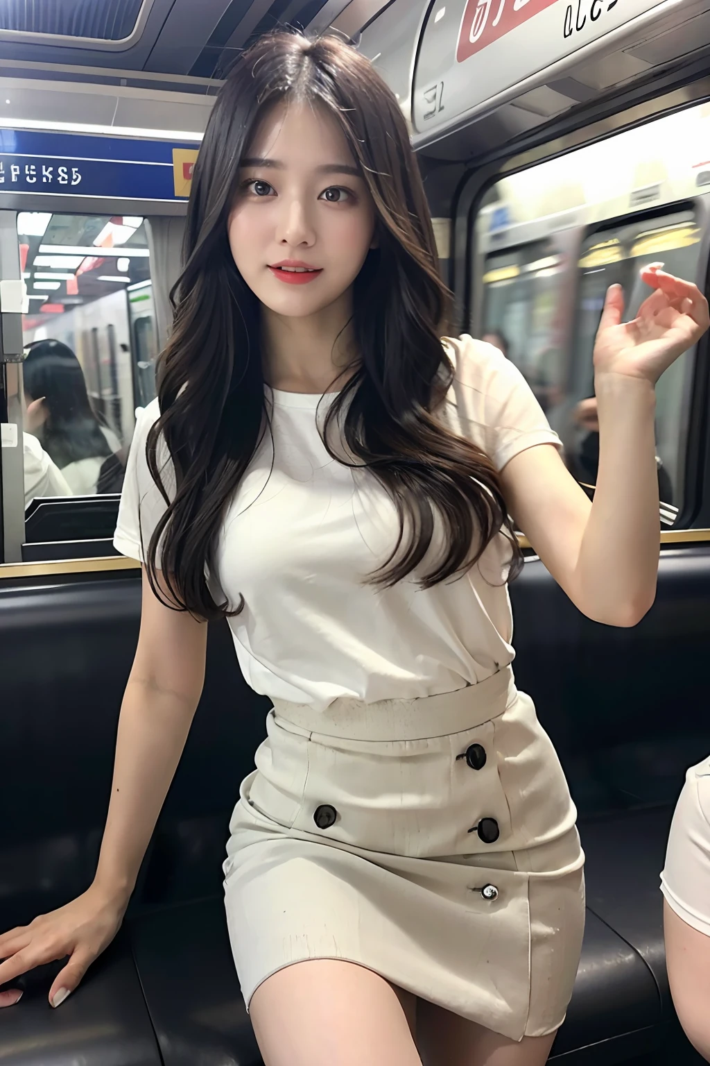 best quality, masterpiece, ultra high res, 8K, raw, (photo realistic:1.4), sharp focus, 1 girl, (detailed background:1.5), (crowded train:1.3), sexy girl, slender, varied poses, cute, 18yo, laugh, tiny breasts, black hair, wavy hair, detailed clothes, white shirt, round swinging sexy mini skirt