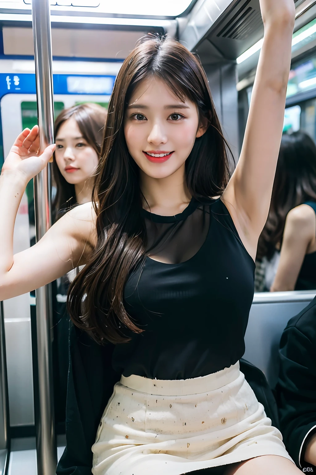 best quality, masterpiece, ultra high res, 8K, raw, (photo realistic:1.4), sharp focus, 1 girl, (detailed background:1.5), (crowded train:1.3), sexy girl, slender, varied poses, cute, 18yo, laugh, tiny breasts, black hair, wavy hair, detailed clothes, white shirt, round swinging sexy mini skirt
