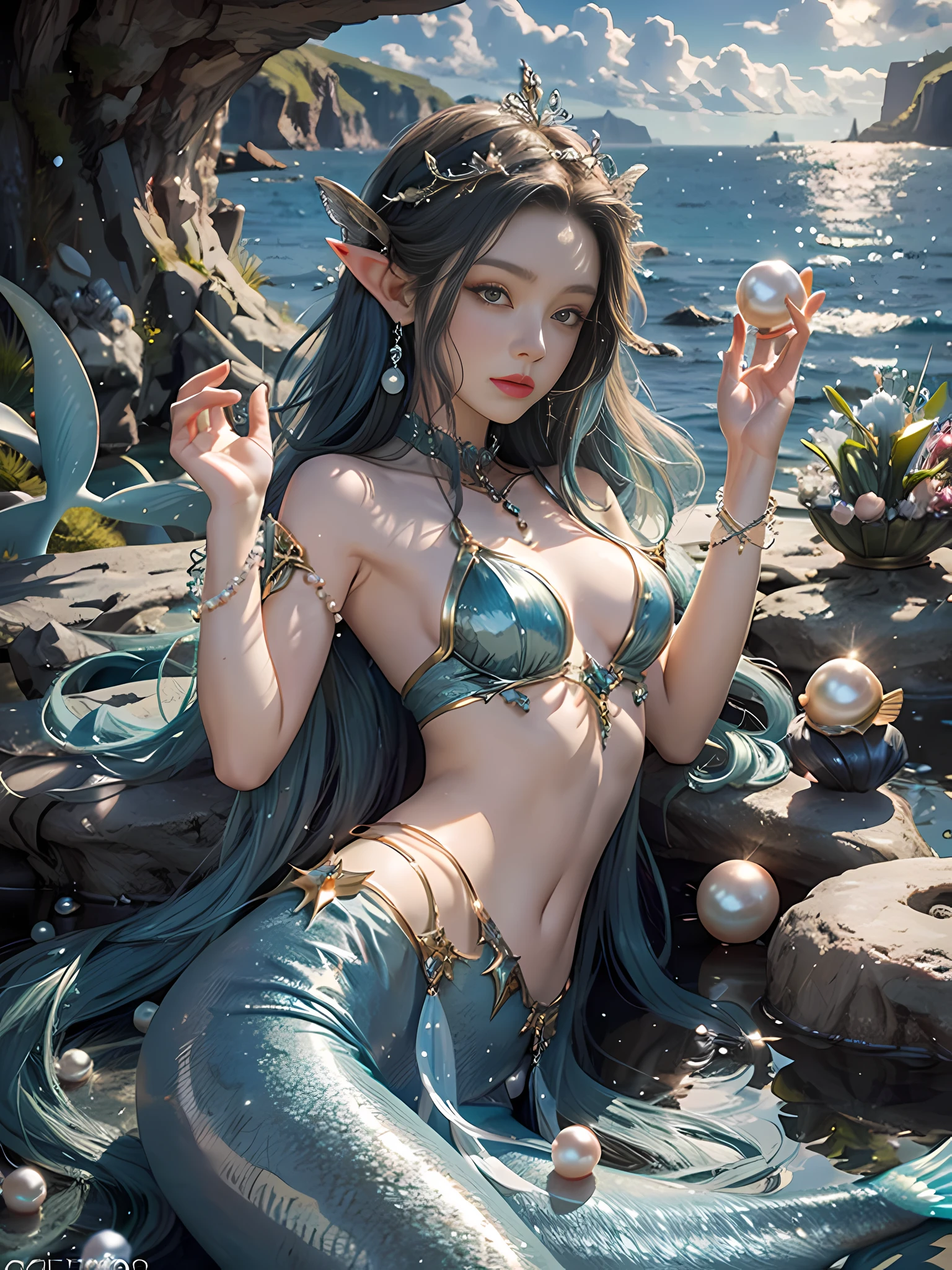 Faltain, best quality, lighting, mermaids, sea, stone pills, elves, mussel pearls in hand