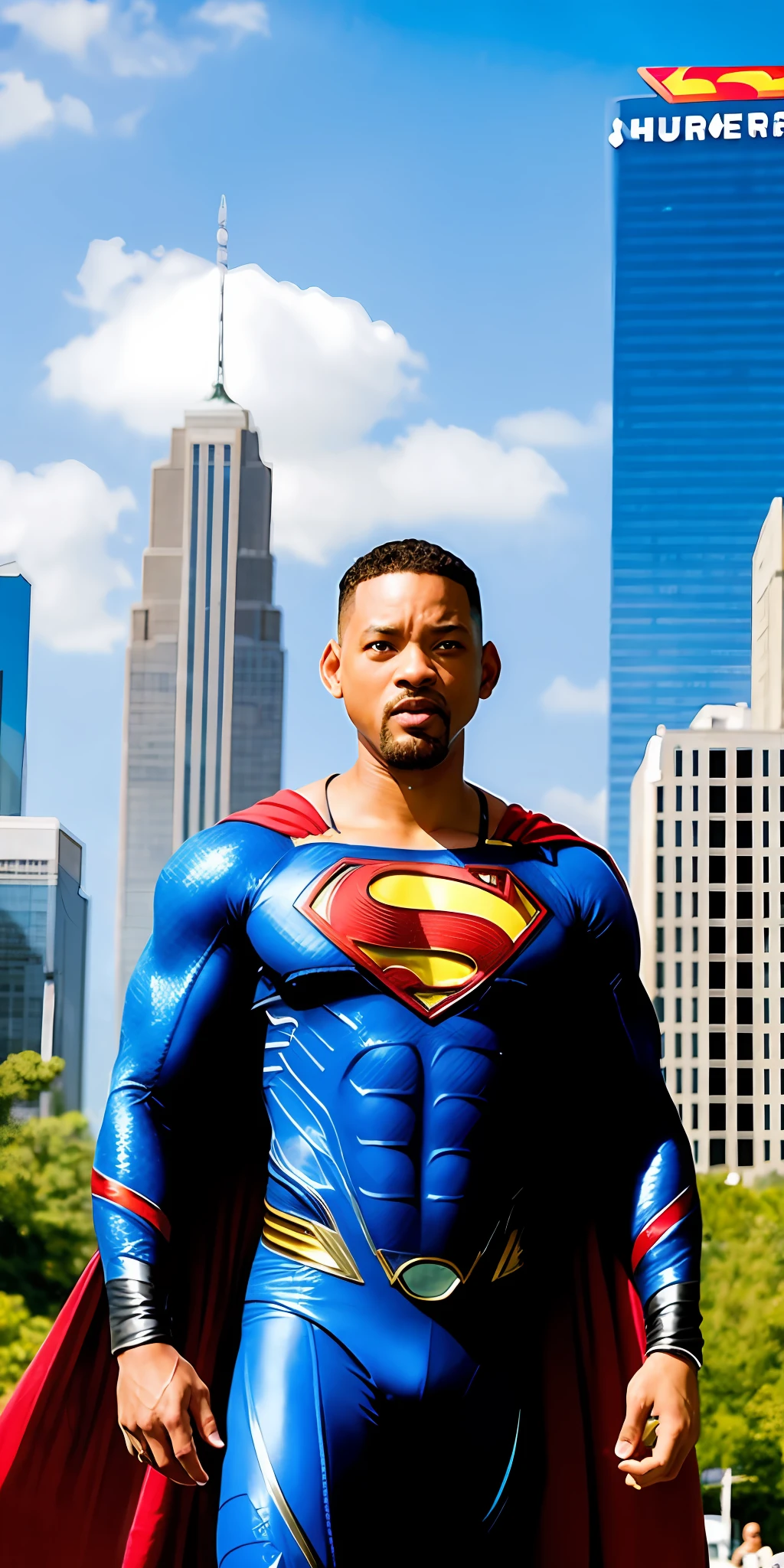 Will Smith's face, superman's body, full body, well-muscled body, buildings around, blue sky, midday sun, cars on the road, lots of people, black man