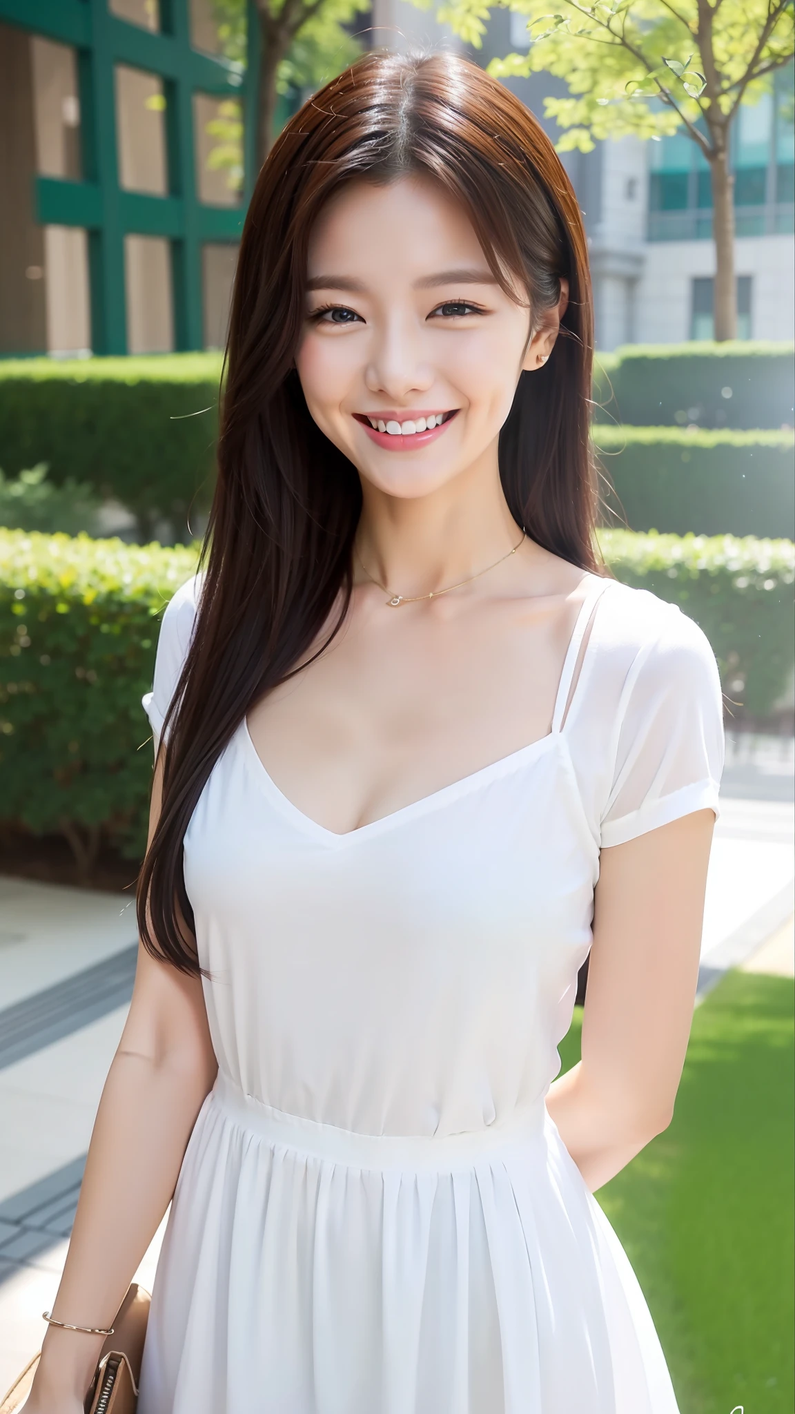 Laughing, white shirt, park
