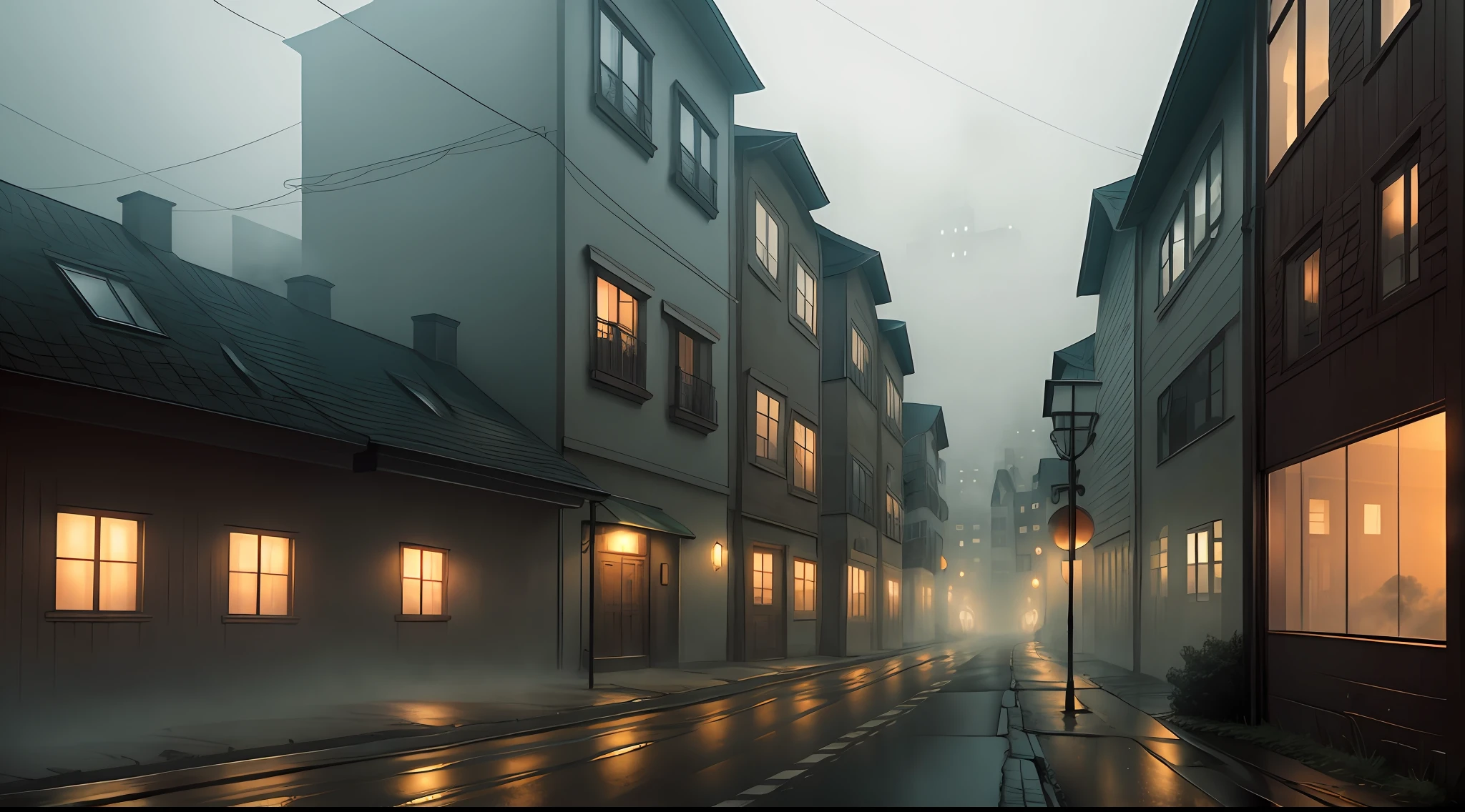 arafed view of a street with a foggy street and buildings, misty alleyways, misty alleyway, mist, misty ghost town, magical soviet town, misty atmosphere, foggy evening, foggy mood, fog, foggy dystopian world, foggy atmosphere, dusty street, misty mood, city fog, (mist), gloomy and foggy atmosphere, fog storm, gloomy foggy atmosphere