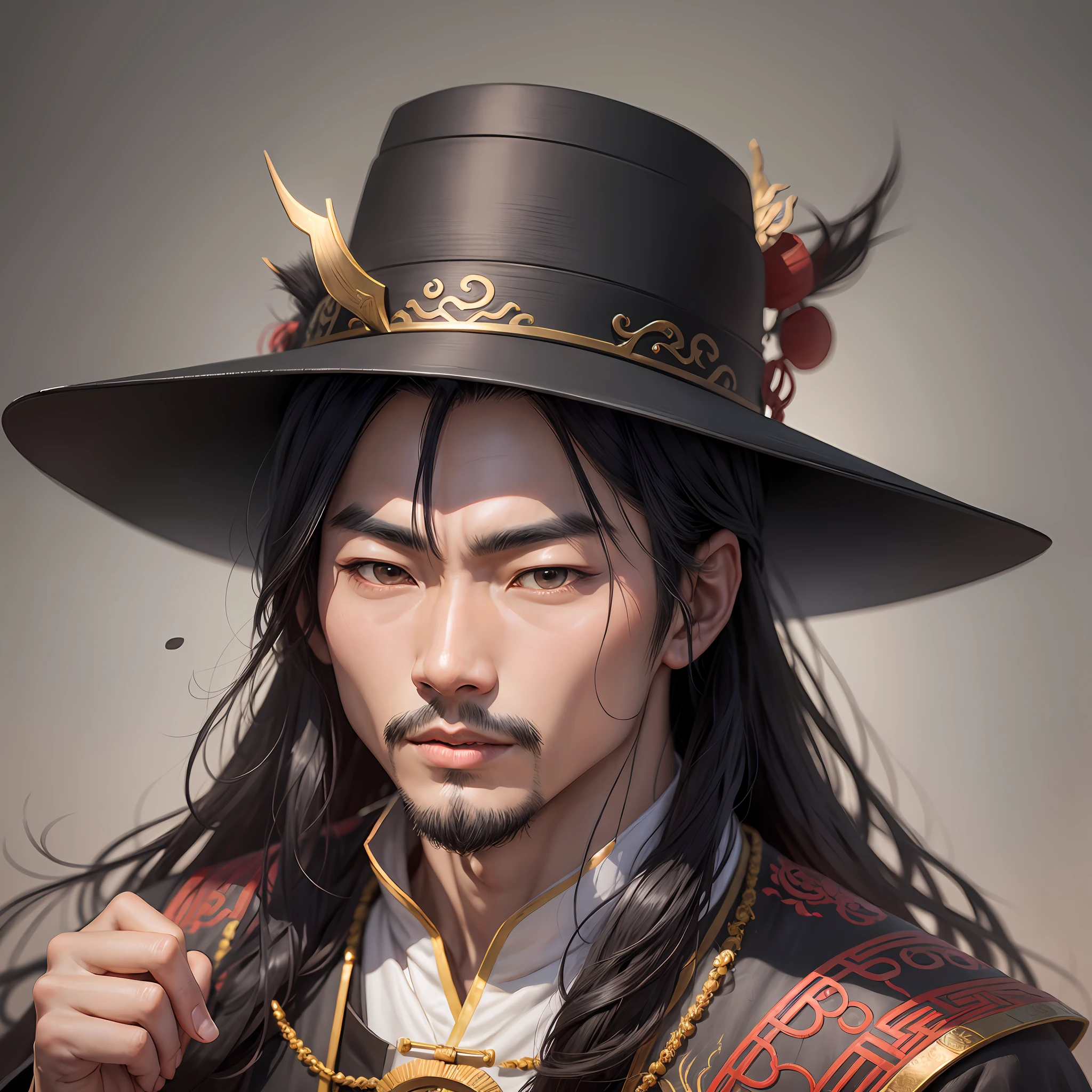 The male Yan Wangye, ancient Chinese, black-haired, wearing a hat, pointed forward with one finger, in a dark room --auto --s2