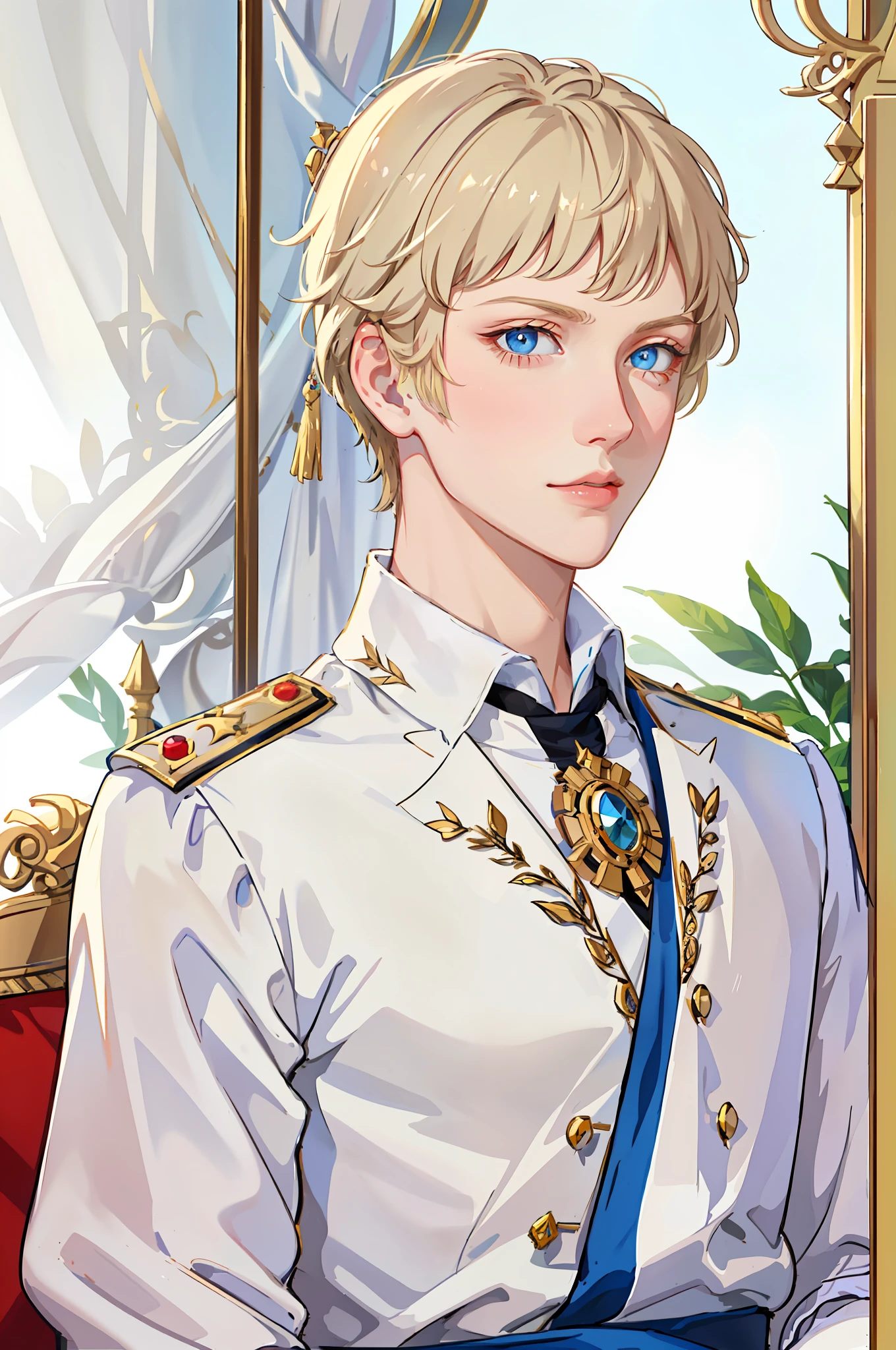 Portrait of young empress, beautiful, napoleon, caesar, villain, blue eyes, short blonde hair, emperor's robe, empire