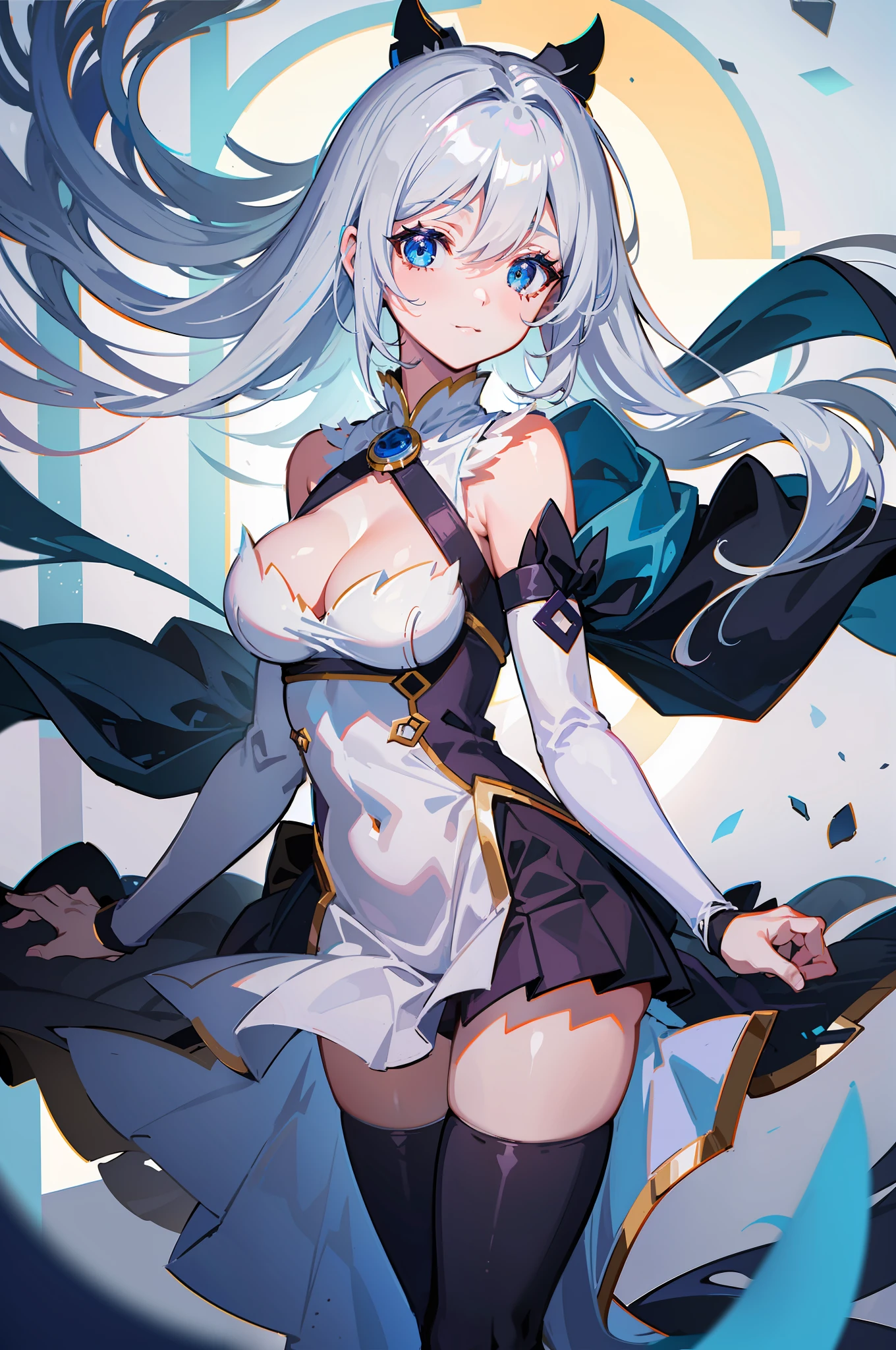 ((Best Quality, 8K, Best Masterpiece)) Anime characters with long gray hair and blue eyes, Anime visuals of young women, Today's featured anime stills, God of White Hair, official art, cute girl anime visuals, Popular isekai anime, Tsuaii, Marisa Kirigami, Anime movies, TV anime still, Isekai, Hestia, Albedo of Anime Overlord Transparency 16 years old Blue small ribbon in hair smile