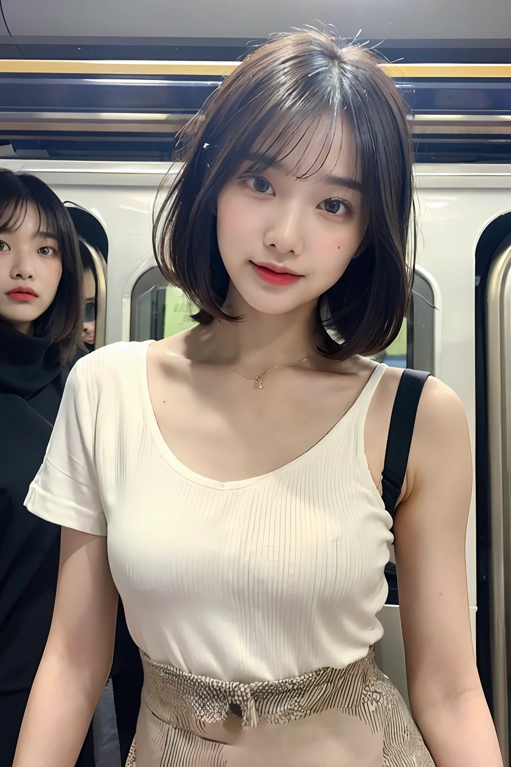 best quality, masterpiece, ultra high res, 8K, raw, (photo realistic:1.4), sharp focus, 1 girl, (detailed background:1.5), (crowded train:1.3), sexy girl, slender, varied poses, cute, 18yo, laugh, tiny breasts, black hair, bob cut detailed clothes, white shirt, sexy mini skirt