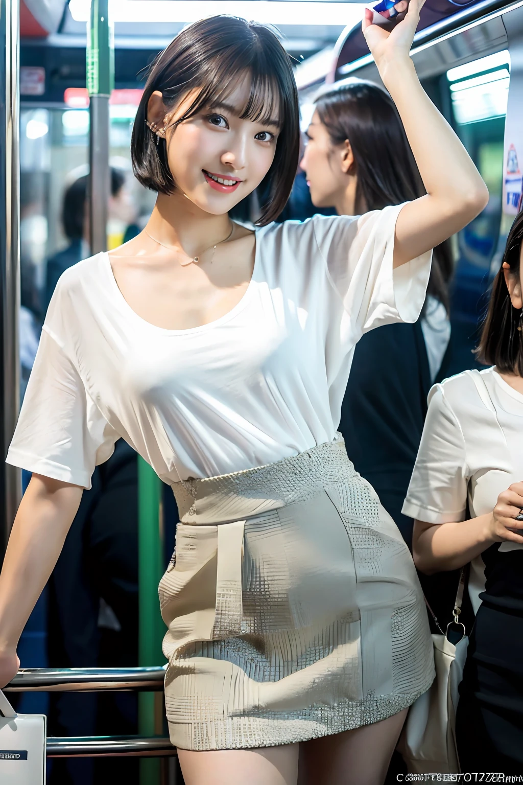 best quality, masterpiece, ultra high res, 8K, raw, (photo realistic:1.4), sharp focus, 1 girl, (detailed background:1.5), (crowded train:1.3), sexy girl, slender, varied poses, cute, 18yo, laugh, tiny breasts, black hair, short hair, detailed clothes, white shirt, sexy mini skirt