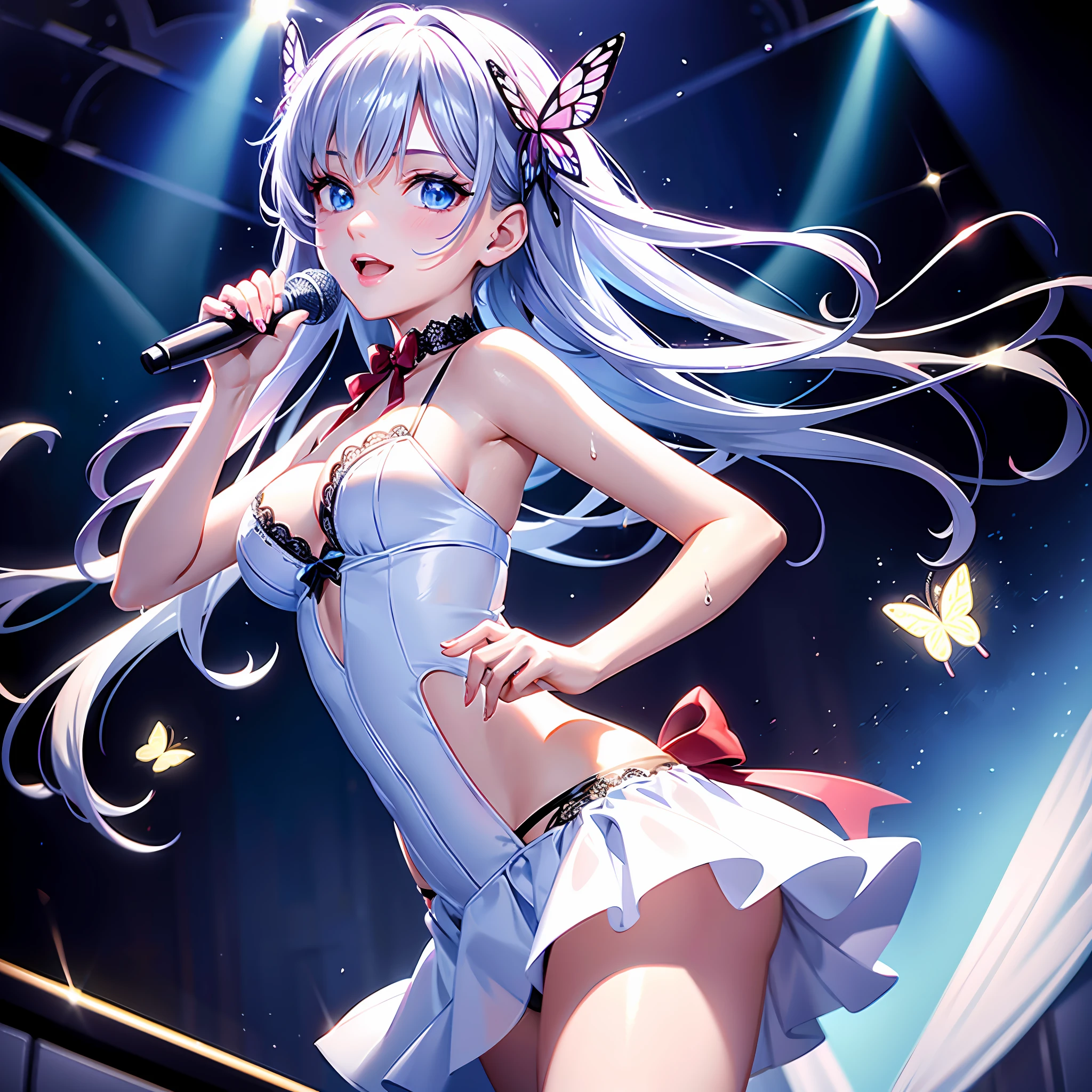 Illustration, cinematic light, high resolution, best quality, ultra detailed, detailed face, (detailed eyes), highest quality, super detailed, masterpiece, (detailed face), pretty face, best smile, sexy mature woman transparent (white and red goth costume: 1.5), ultra detailed embroidery, cloth, choker, open cloth, NSFW, high heels, blue eyes, neon small shiny hair ends, D cup, cleavage, AI fantasy concert, shining lighting with neon details, idol, (live stage: 1.15), (singing holding the microphone with left hand: 15), singing with butt sticking out: 5, (to a packed audience in the background), light reflection, heart-shaped iris, playful eyes, open shoulders, (wet body), small glowing butterfly, hair jewelry, panties, cute string white panties with ribbon: 1.5
