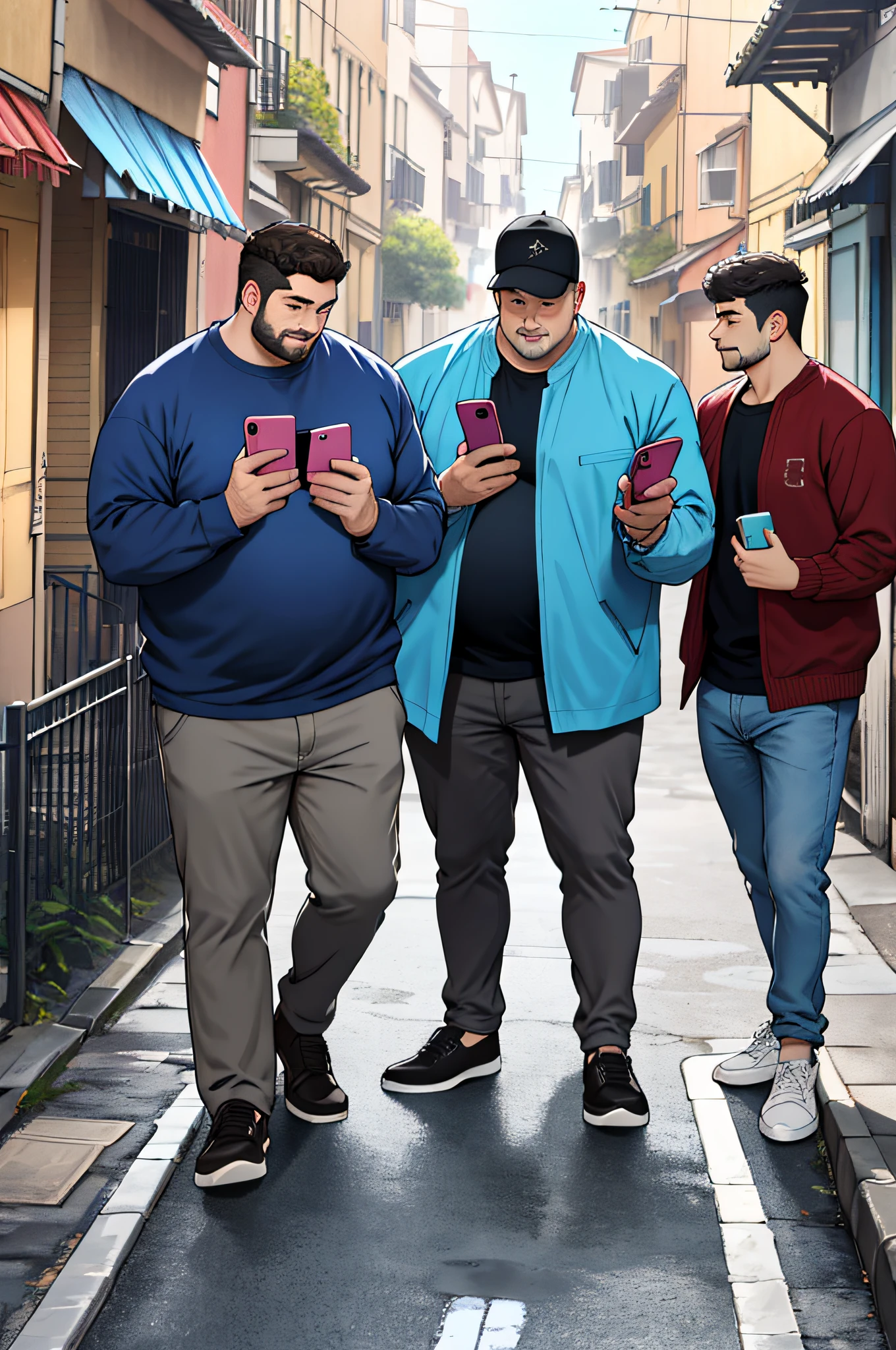 Three men, standing on a luxurious street, holding mobile phones in their hands, fat figures,