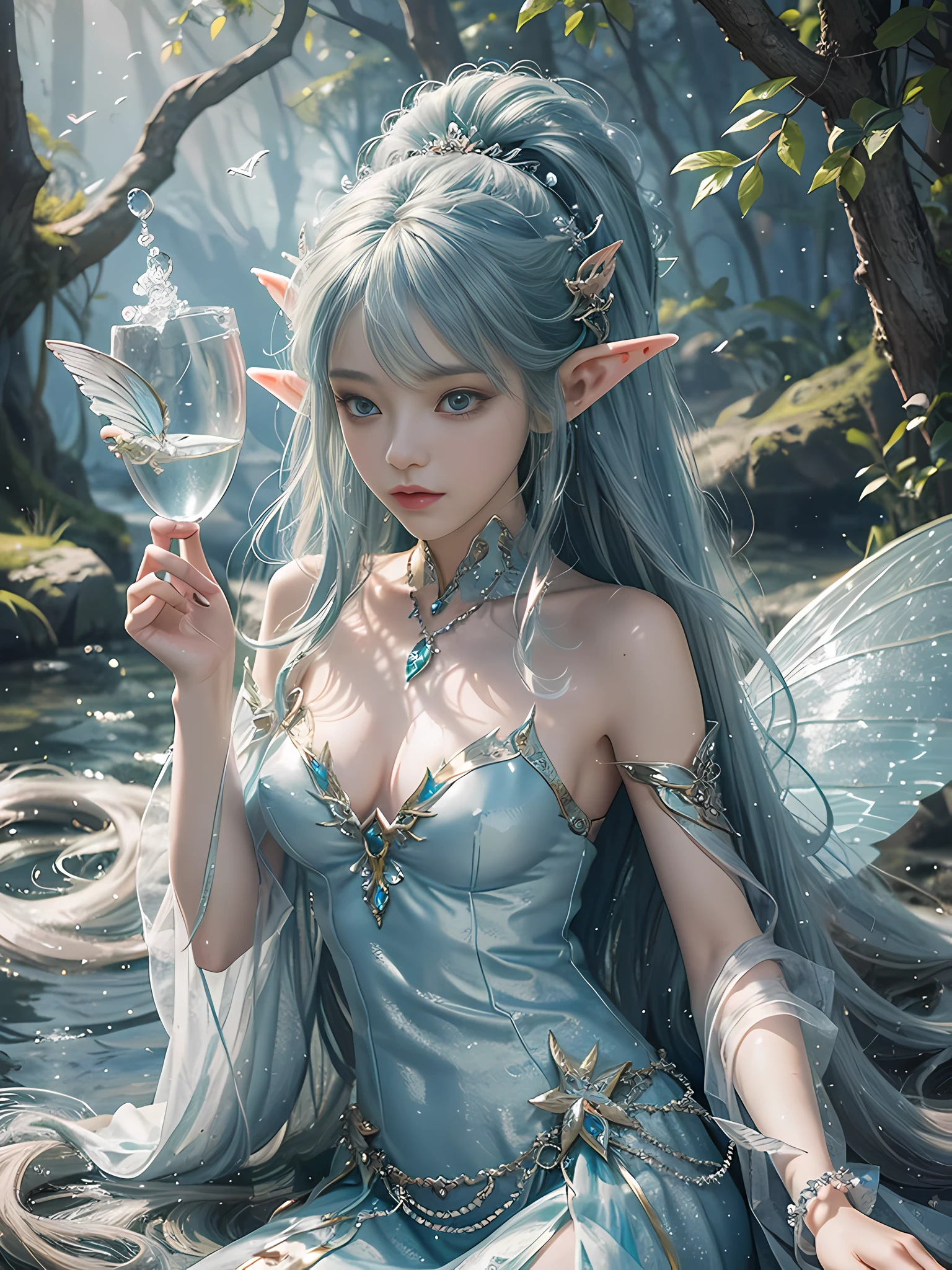Faltain, Best Quality, Lighting, Mermaid, Sea, Stone Pill, Elf, Mussel Pearl in Hand, Fairy Costume, Water Fairy, Close-up Fantasy & Water Magic, Ethereal Fantasy, Fairy Tale Aesthetics, Astral Fairy, Beautiful and Elegant Elf Queen, Ethereal Fairy Tale, Beautiful Ancient Frost Witch, Fantasy Aesthetics! , fairy tale core, anime cosplay, ethereal beauty, fantasy art style, anime girl cosplay, ethereal fantasy, beautiful fairy
