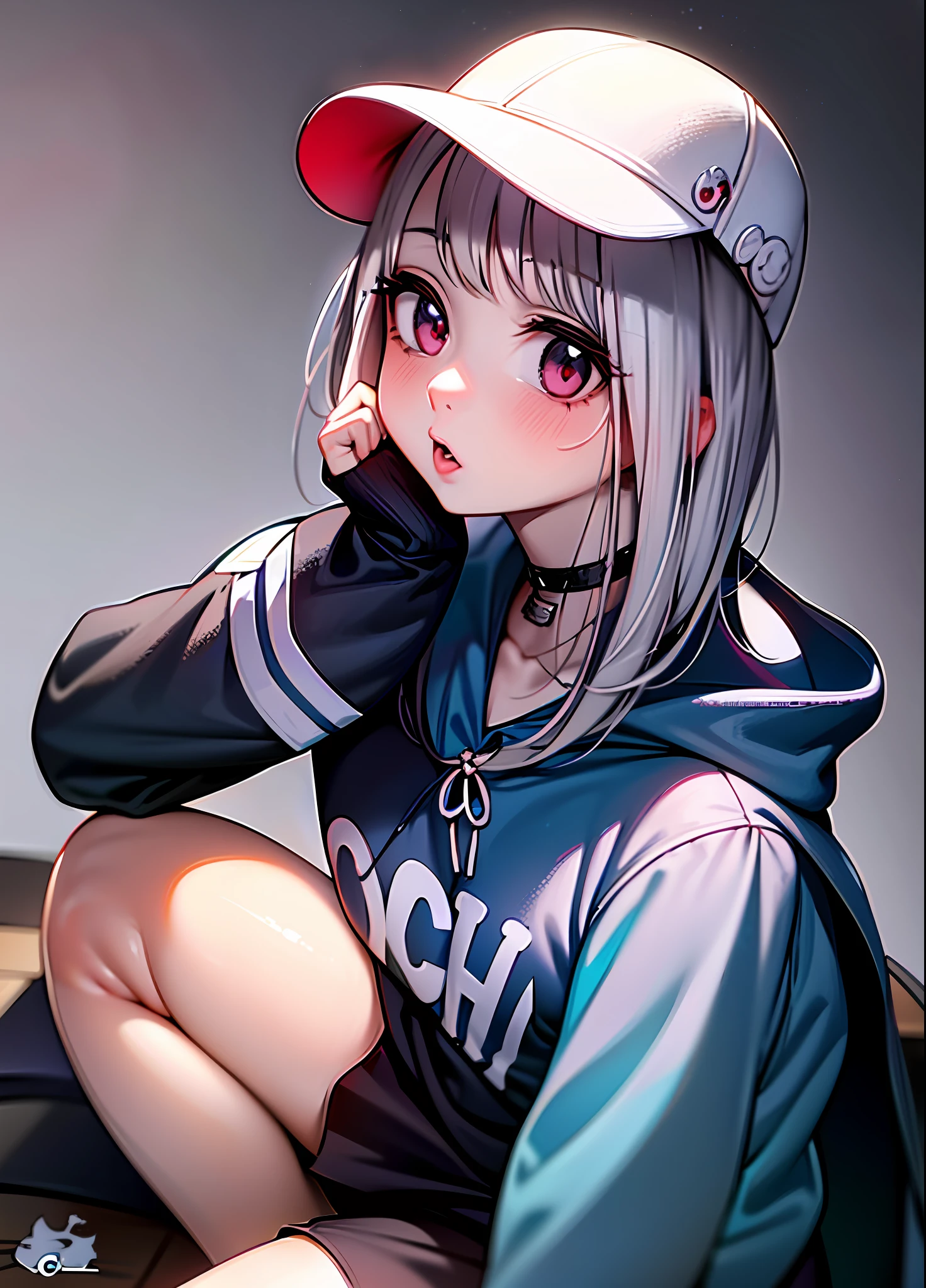 Anime girl with white hair and a white hat sitting on the floor, ecchi anime style, ecchi style, white haired girl wearing sweatshirt, [ 4k digital art ]!, beautiful high school anime girl, ecchi, (anime girl), young realistic anime girl, realistic anime art style, anime style, anime style. 8k, attractive anime girl