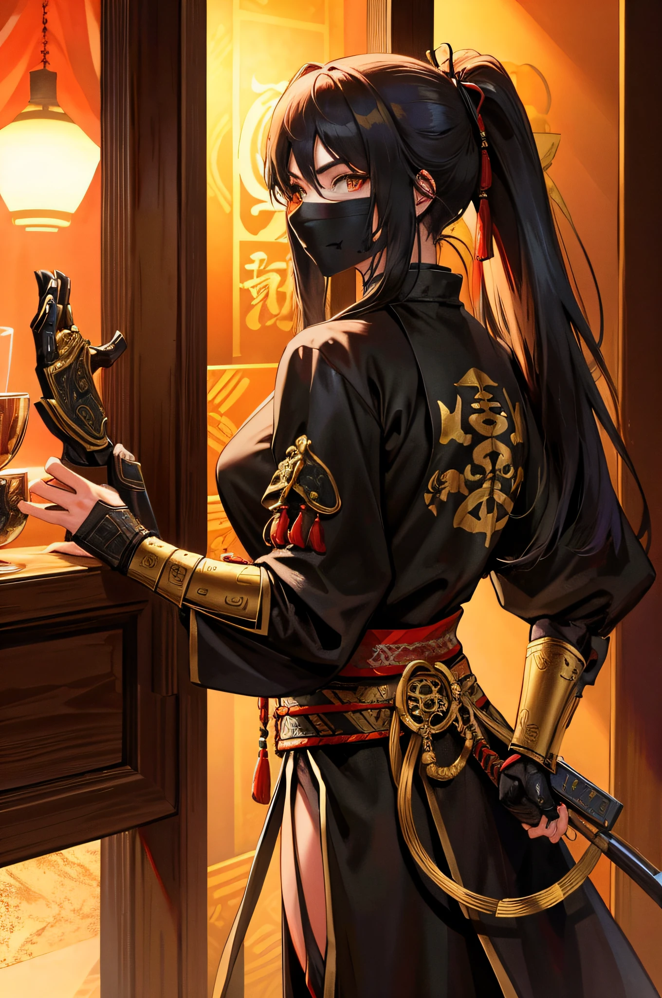 Ancient assassins, ninjas, ponytails, black masks, Han dynasty interiors. , fine details, high resolution, wallpaper, golden hour