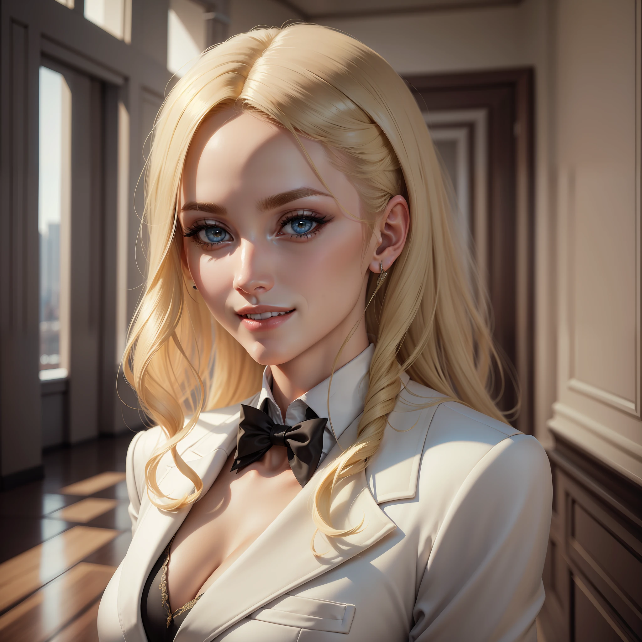 Ultra realistic image of a beautiful blonde woman, light eyes, dressed in a formal ensemble with a white blazer with black details, in a room on the top floor of a building, confident smile