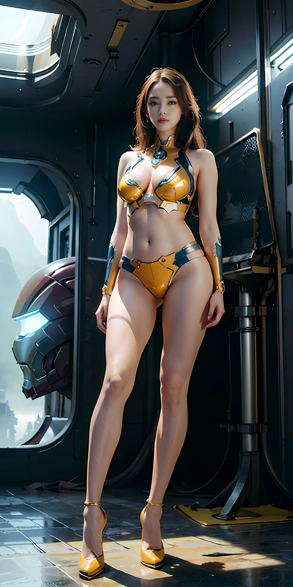 RAW, masterpiece, ultra-fine photography,, best quality, ultra high definition, photorealistic, sunlight, full body portrait, stunningly beautiful,, dynamic pose, delicate face, brilliant eyes, (front view,full body), she wears a futuristic Iron Man mecha, blue and yellow and green color scheme, highly detailed destroyed ship background, detailed face, detailed and complex busy background, messy and gorgeous, Lush plump breasts, High Detail skin, Realistic skin details, Visible pores, Sharp Focus, Volumemetric Fog, 8K UHD, DSLR camera, High Quality, Film Grain, Fair Skin, Photorealism, Lomography, View from below, Translucent