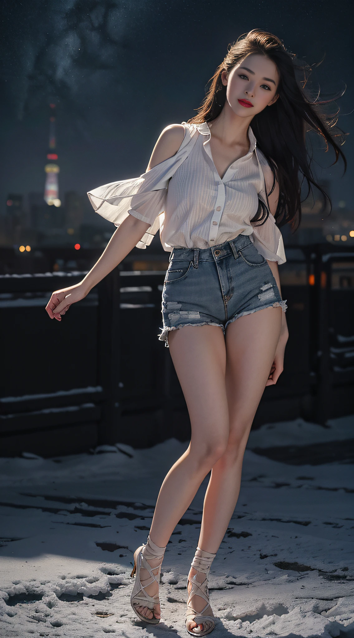 Best quality, masterpiece, ultra high res,(photorealistic:1.4),(starry sky:1.3),a sexy girl,shiny skin,on the snow, (the city beijing background:1.1),White shirt, blue denim shorts, (cinematic look:1.4),full body,feet,intricate details,Edge light,dramatic angle,(dynamic pose:1.2),depth of field,(side viewer:1.2), intricate details, hyperdetailed, low contrast, soft cinematic light, blurry, (dim colors:0.6), hdr, raw, slate gray atmosphere, blue eyes, red lips, smiling,