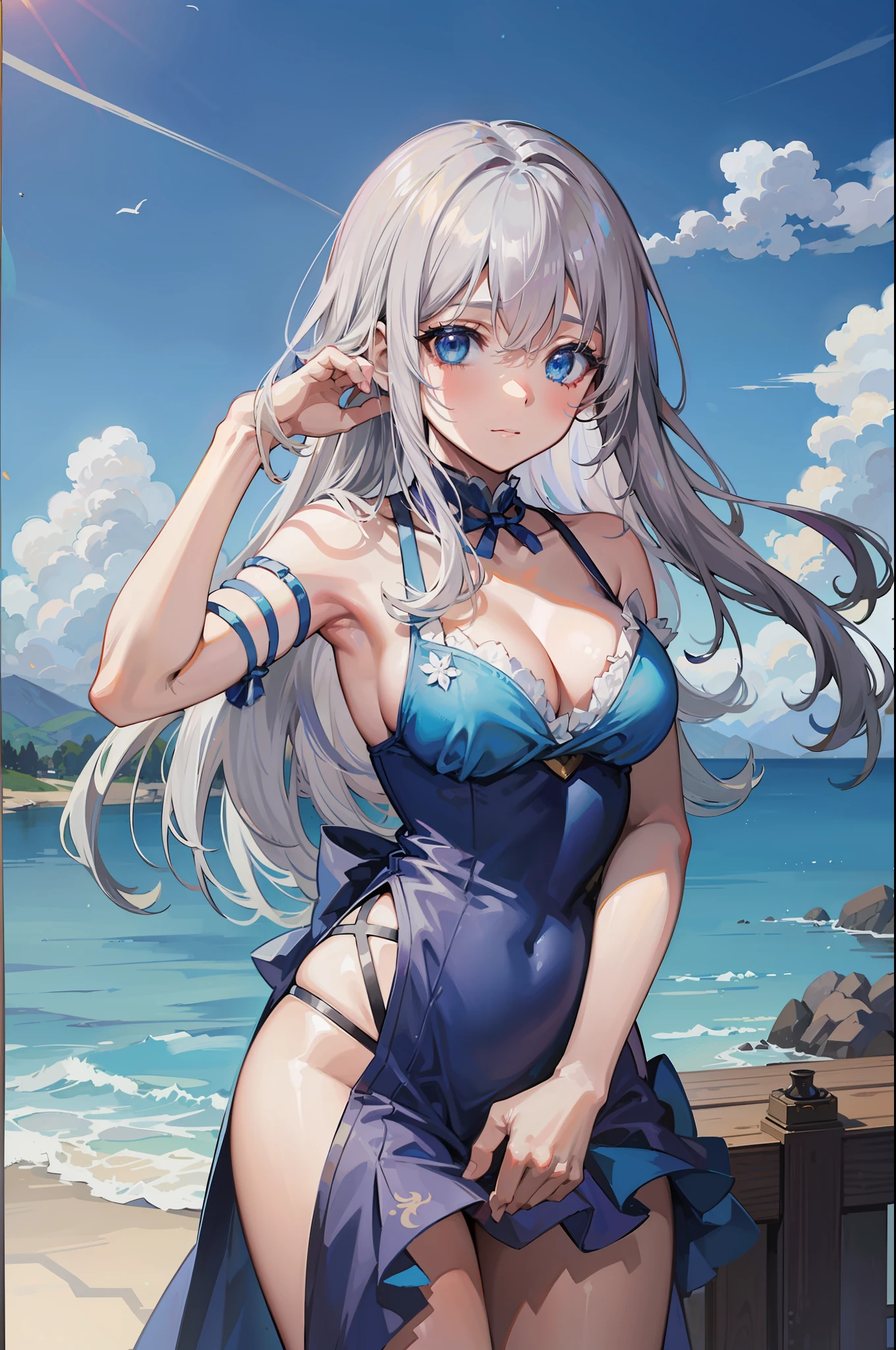 ((Best Quality, 8K, Best Masterpiece)) Anime characters with long gray hair and blue eyes, Anime visuals of young women, Today's featured anime stills, God of White Hair, official art, cute girl anime visuals, Popular isekai anime, Tsuaii, Marisa Kirigami, Anime movies, TV anime still, Isekai, Hestia, Albedo of Anime Overlord Transparency 　Blue small ribbon in hair smile