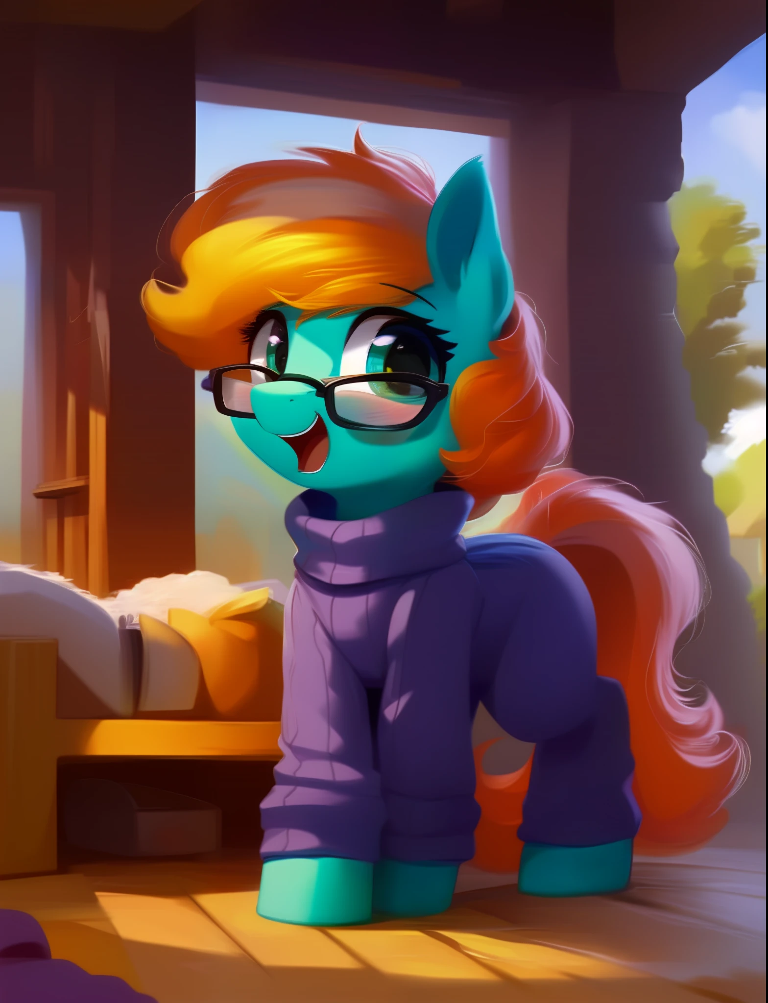 (score_9), (rating_safe), solo, a female cheerful laughing ((pony)), beautiful, detailed cute pony face, blushing, standing, inside a comfy house, wearing sweater, wearing glasses, open mouth