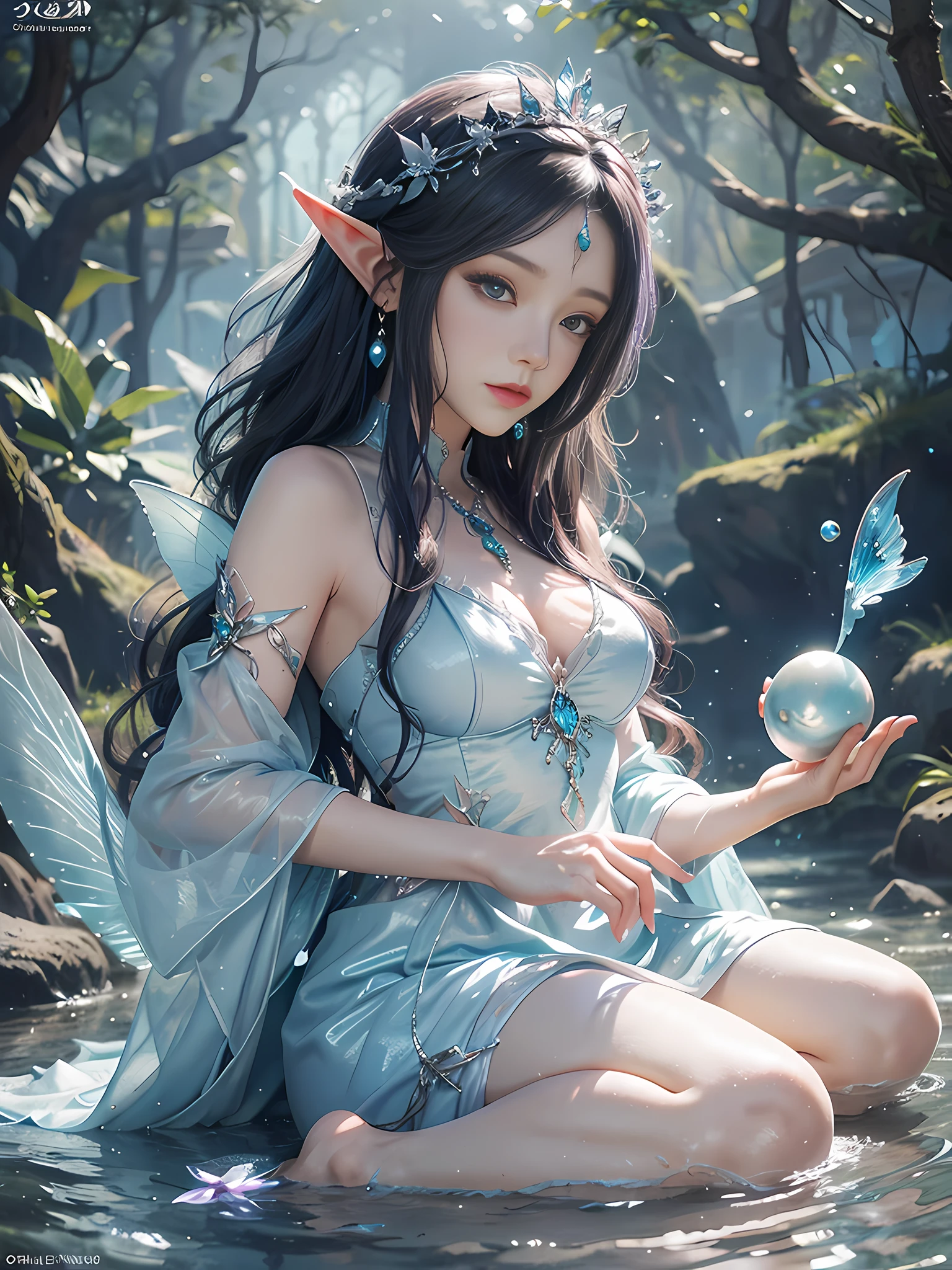 Blue and violet dream color system, sense of fate, best quality, master layout, lighting lighting, mermaid, sea, stone pill, elf, holding a mussel pearl in hand, wearing fairy tale costume, water fairy, close-up fantasy with water magic, ethereal fantasy, fairy tale aesthetics, astral fairy, beautiful and elegant elf queen, ethereal fairy tale, beautiful ancient frost witch, fantasy aesthetics! , fairy tale core, anime cosplay, ethereal beauty, fantasy art style, anime girl cosplay, ethereal fantasy, beautiful fairy