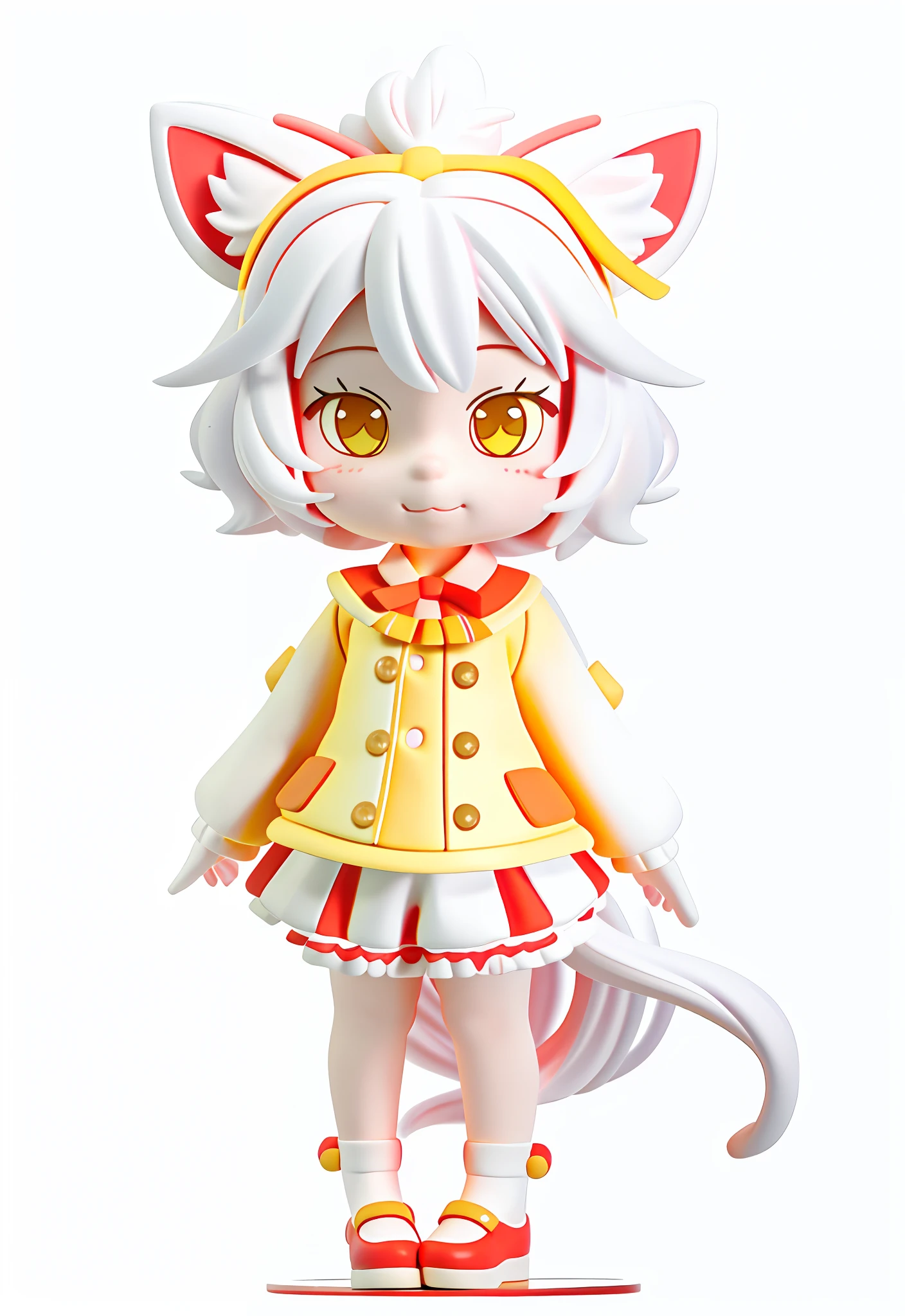 A painting of a girl with cat ears and pure red bloomers, pure white hair, pure yellow clothes with a red bow, white ears, yellow and red shoes, fluffy fox tail, yellow light, white background, HD