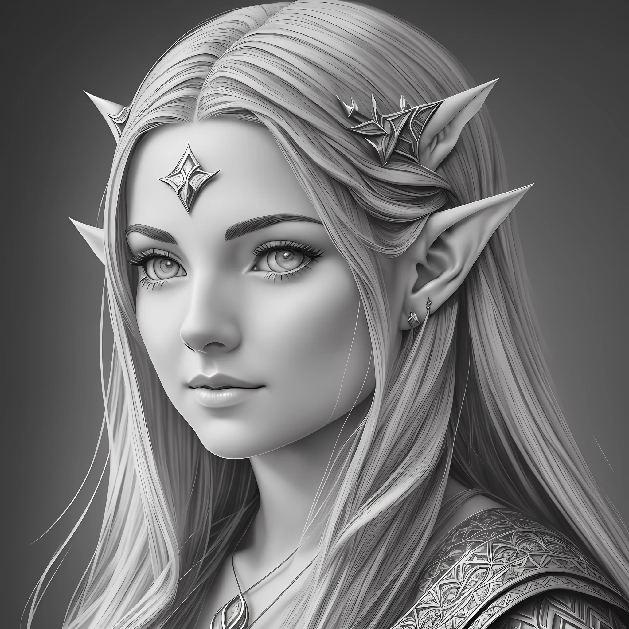 a black and white graphite drawing of a Elven woman with pointed ears, in the style of photorealistic scenes, charming elven characters, pointed ears, celebrity-portraits, graphite photorealistic fine art, 32k uhd,, delicate shading --auto --s2
