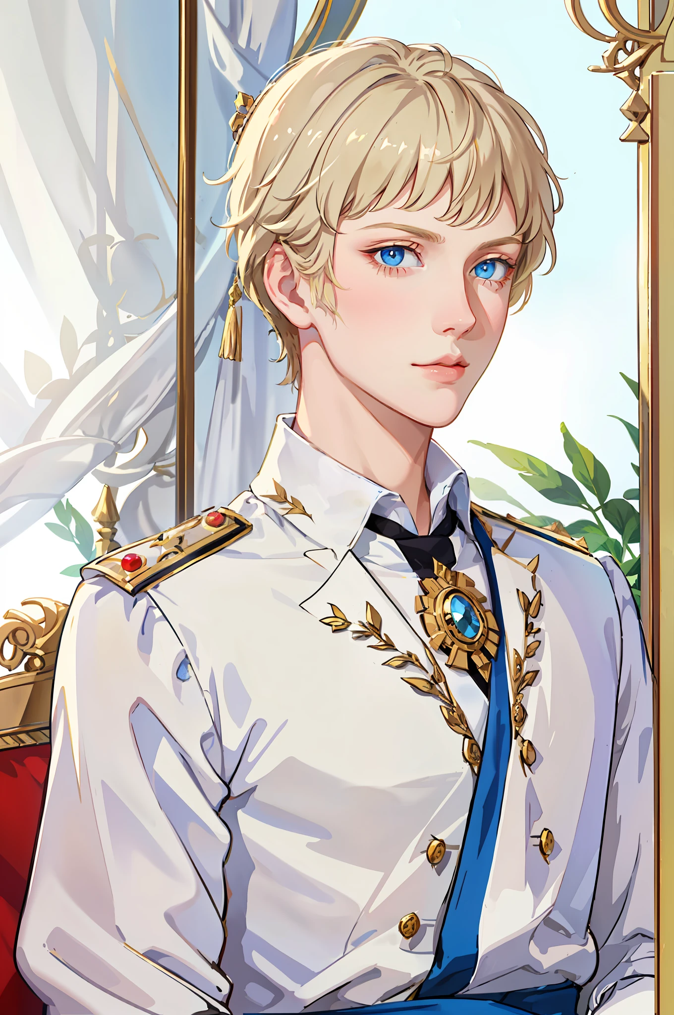 Portrait of young empress, beautiful, napoleon, caesar, villain, blue eyes, long blonde hair, emperor's mantle, empire