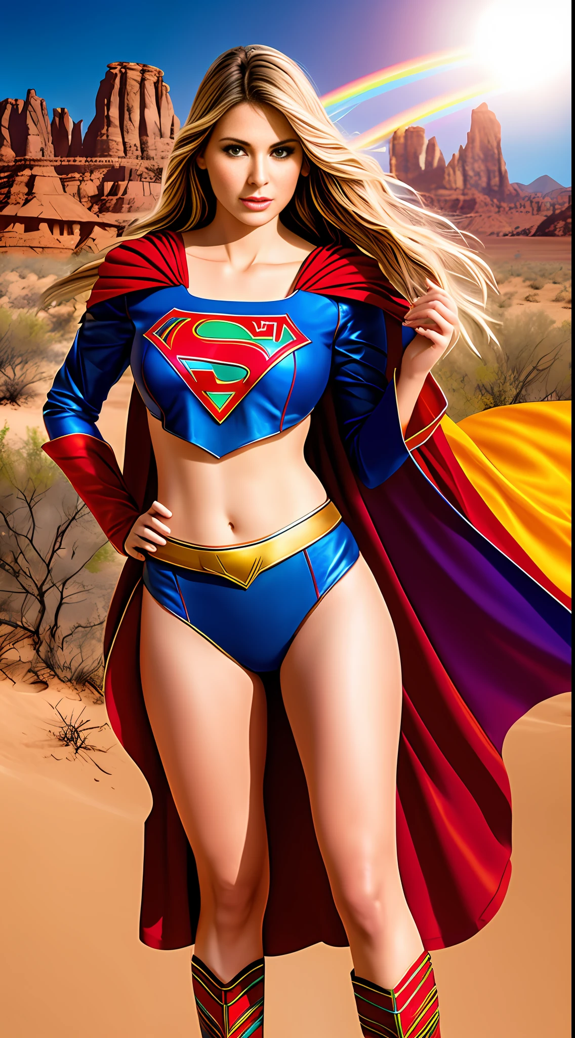Create Michele Pfeifer as Supergirl, photo by (Michele Pfeiffer Supergirl:1.1), Full body photography of the world's most beautiful artwork, a beautiful woman in intricate costume burning in the desert, rainbow colors, ArtStation, CGSociety, complex, high detail, clear focus, dramatic, realistic pictorial art trends Greg Rutkovsky