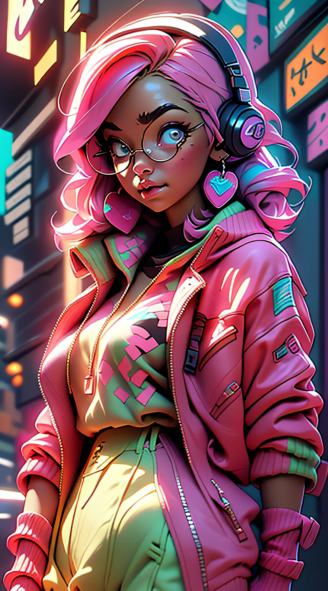 ((Best quality)), ((masterpiece)), ((realistic)) and ultra-detailed photography of a 1nerdy girl with neon headphones. She has ((pink hair)), is wearing an orange techwear jacket, and exudes a ((beautiful and aesthetic)) vibe.