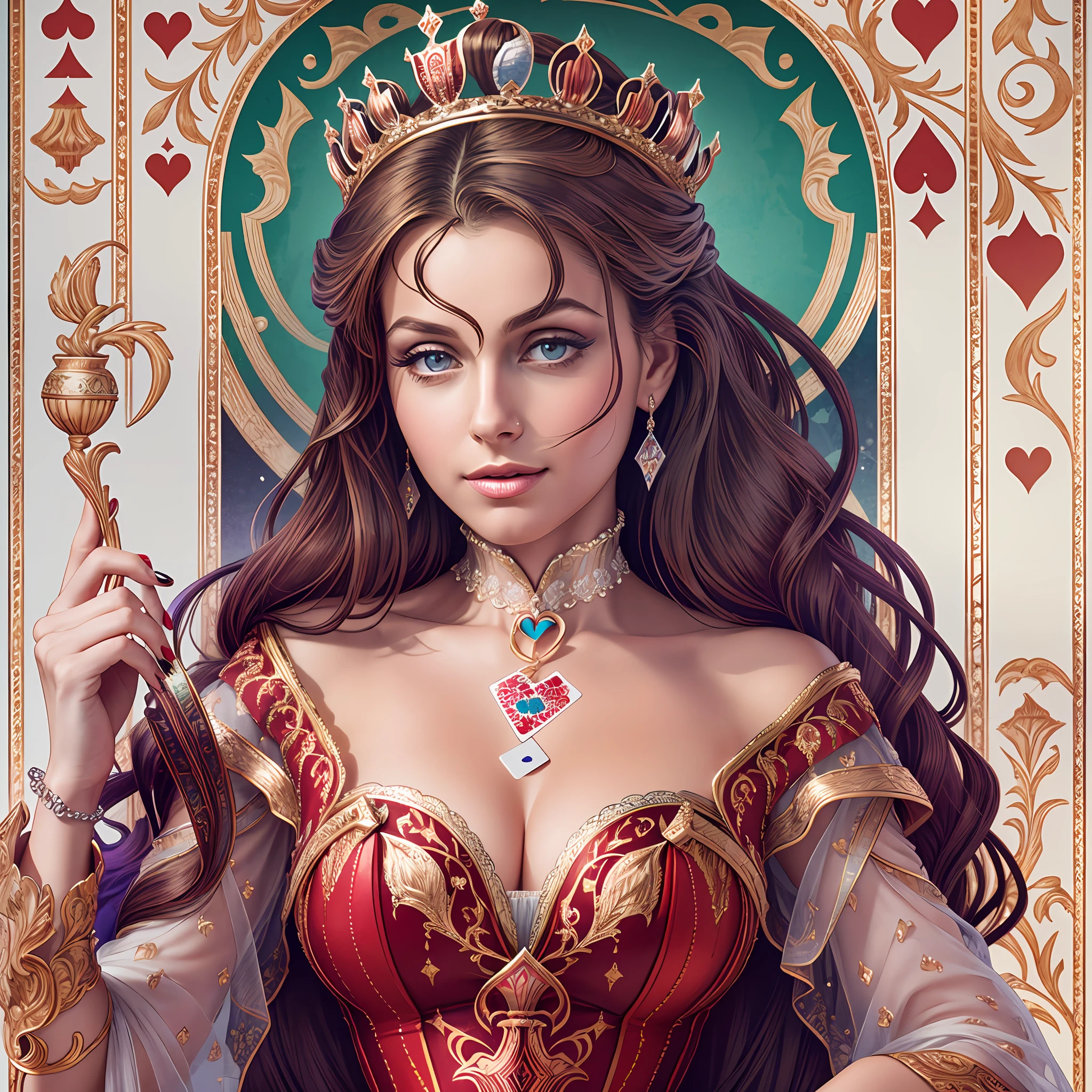 a very beautiful queen, (beautiful neckline) illustrated inside a playing card (COPA), ultra realistic, reticulated image, high resolution --auto --s2