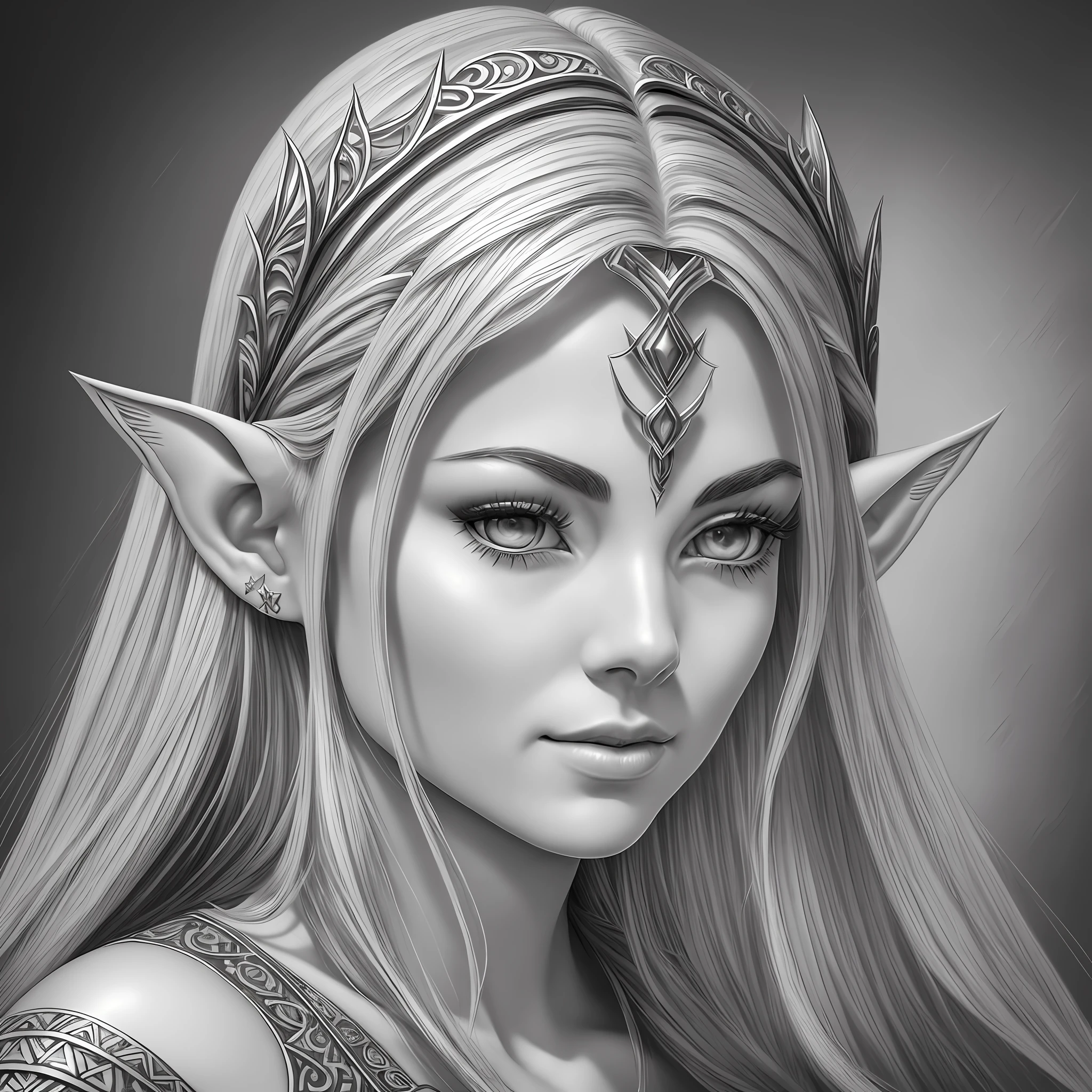a black and white graphite drawing of a Elven woman with pointed ears, in the style of photorealistic scenes, charming elven characters, pointed ears, celebrity-portraits, graphite photorealistic fine art, 32k uhd,, delicate shading --auto --s2