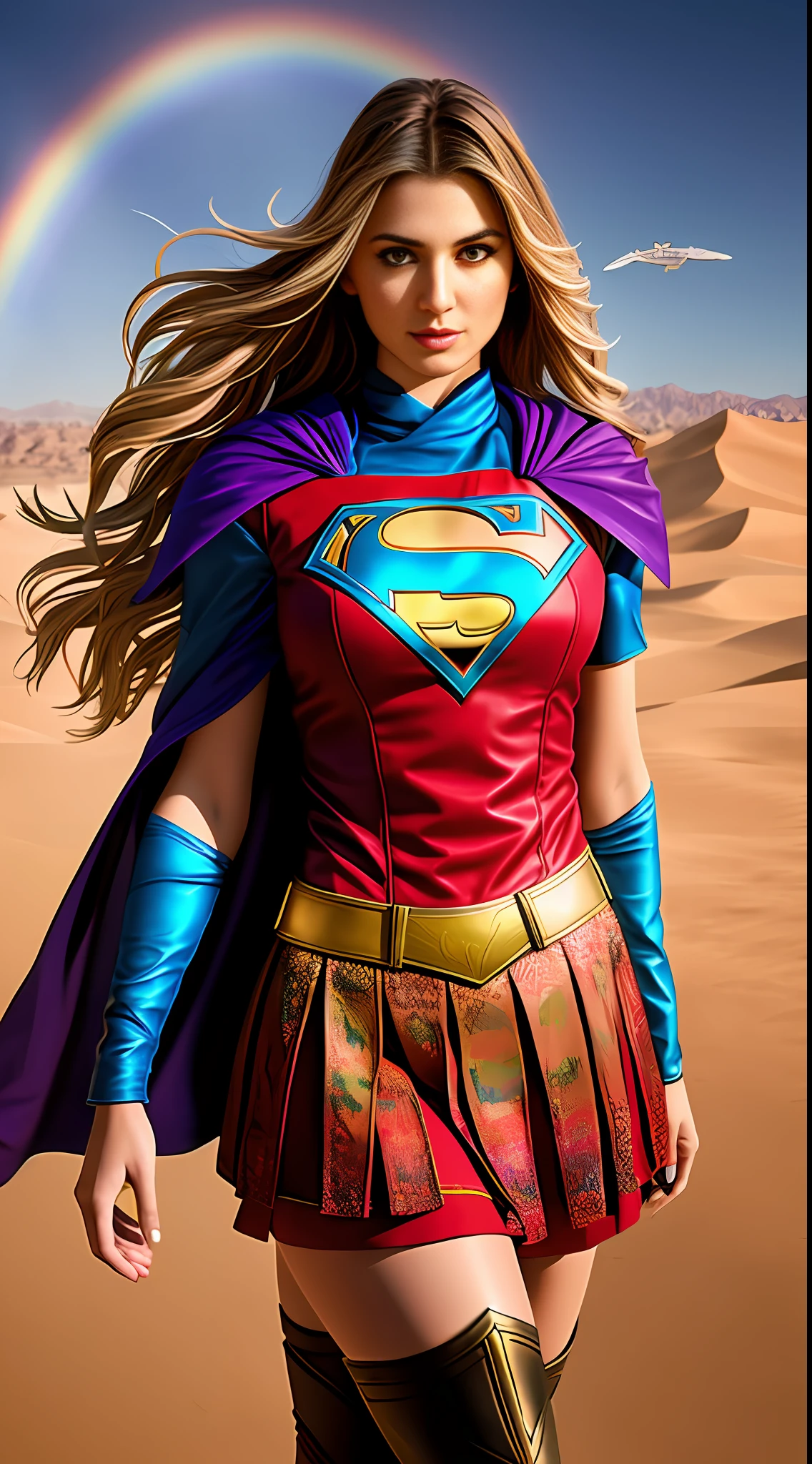 Create Michele Pfeifer as Supergirl, photo by (Michele Pfeiffer Supergirl:1.1), Full body photography of the world's most beautiful artwork, a beautiful woman in intricate costume burning in the desert, rainbow colors, ArtStation, CGSociety, complex, high detail, clear focus, dramatic, realistic pictorial art trends Greg Rutkovsky