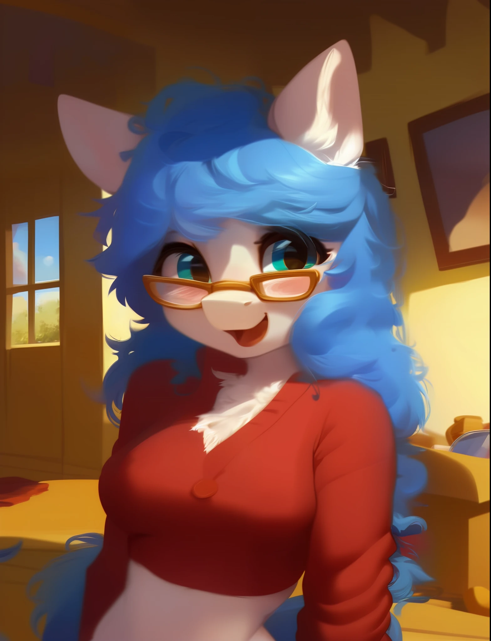 (score_9), (rating_safe), solo, a female cheerful laughing ((anthro pony)), beautiful, detailed cute pony face, blushing, standing, inside a comfy house, wearing a shirt, midriff, glasses, breasts, (face shot), (messy hair), (looking at you), open mouth