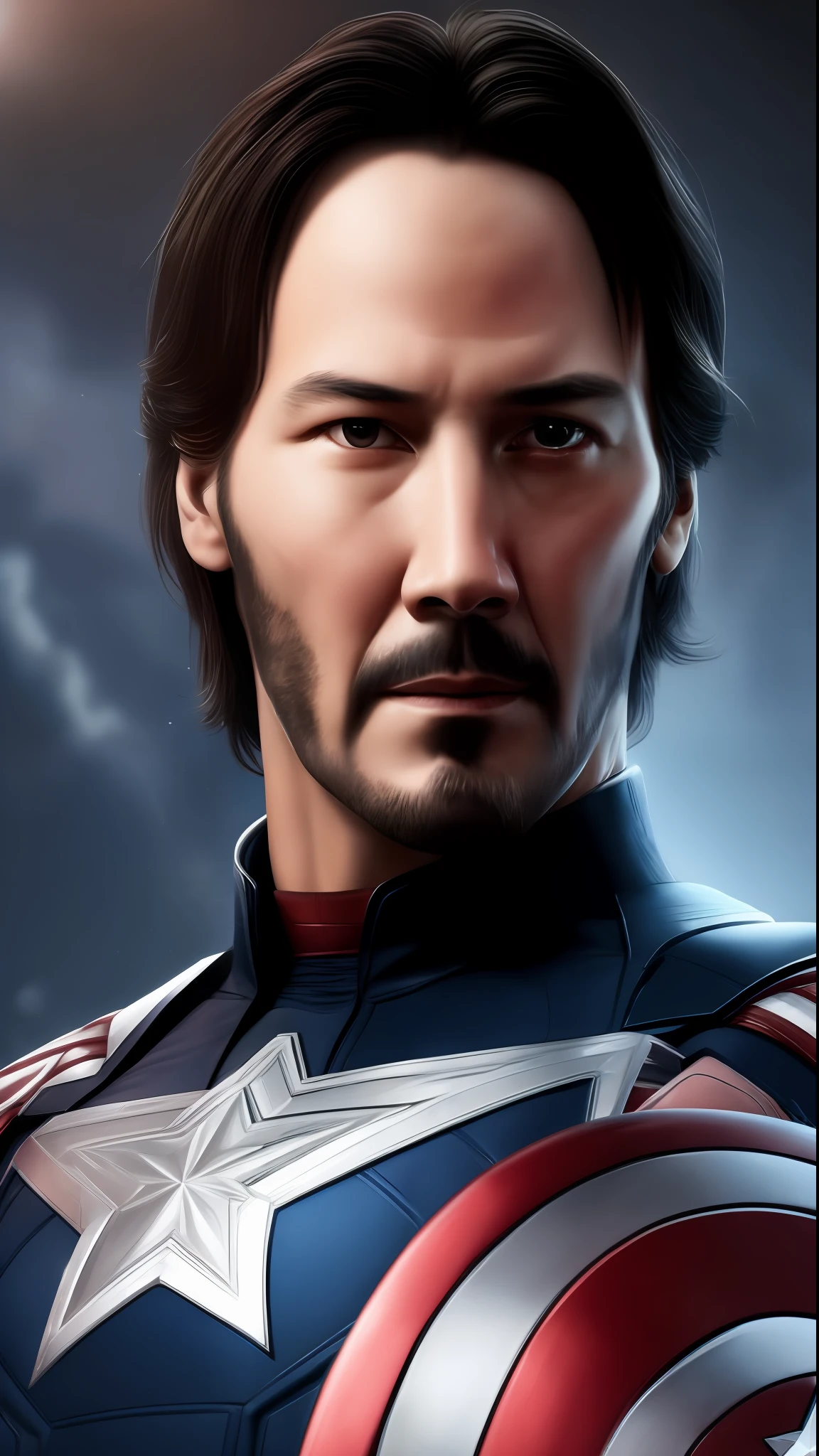 . Tarantino style Keanu Reeves as Captain America 8k, high definition, detailed face, detailed face, detailed eyes, detailed suit, Marvel and DC style, hyper-realistic, + cinematic plan + dynamic composition, incredibly detailed, sharpness, detail + superb detail + night with light + perfectionism + award-winning realism ((soft lighting))