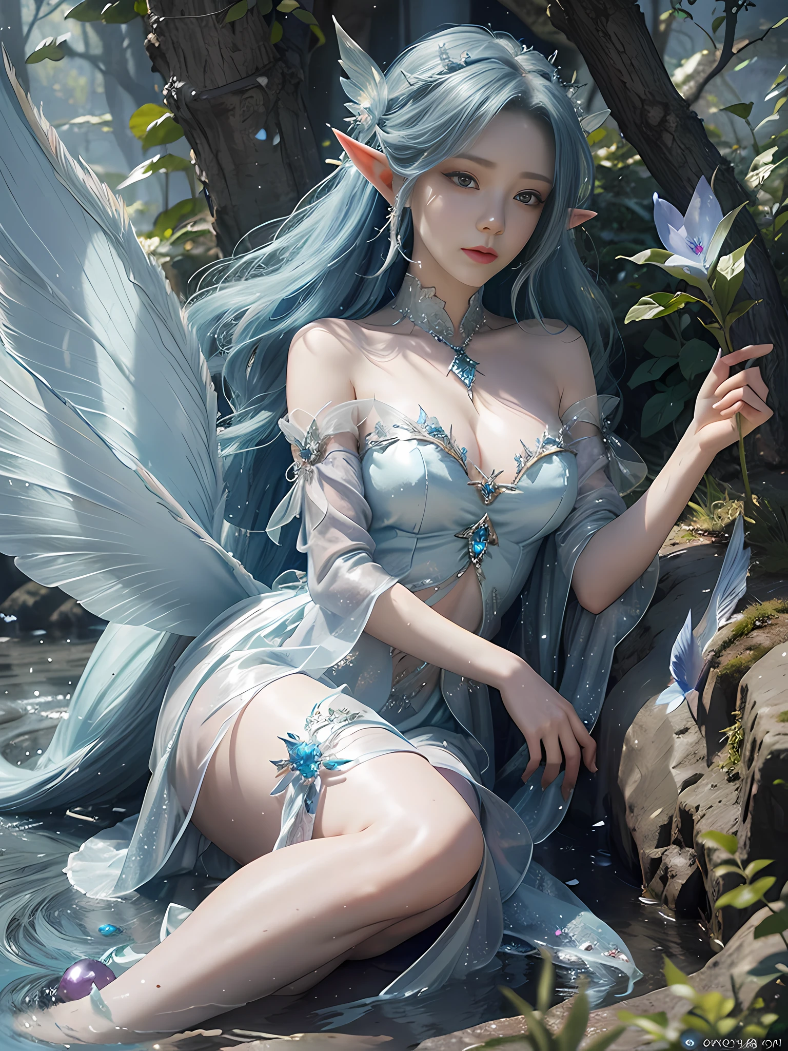 Blue and violet dream color system, sense of fate, best quality, master layout, lighting lighting, mermaid, sea, stone pill, elf, holding mussel pearl in hand, wearing fairy tale costume, gauze sleeve fairy skirt, water fairy, close-up fantasy and water magic, ethereal fantasy, fairy tale aesthetics, astral fairy, beautiful and elegant elf queen, ethereal fairy tale, beautiful ancient frost witch, fantasy aesthetics! , fairy tale core, anime cosplay, ethereal beauty, fantasy art style, anime girl cosplay, ethereal fantasy, beautiful fairy