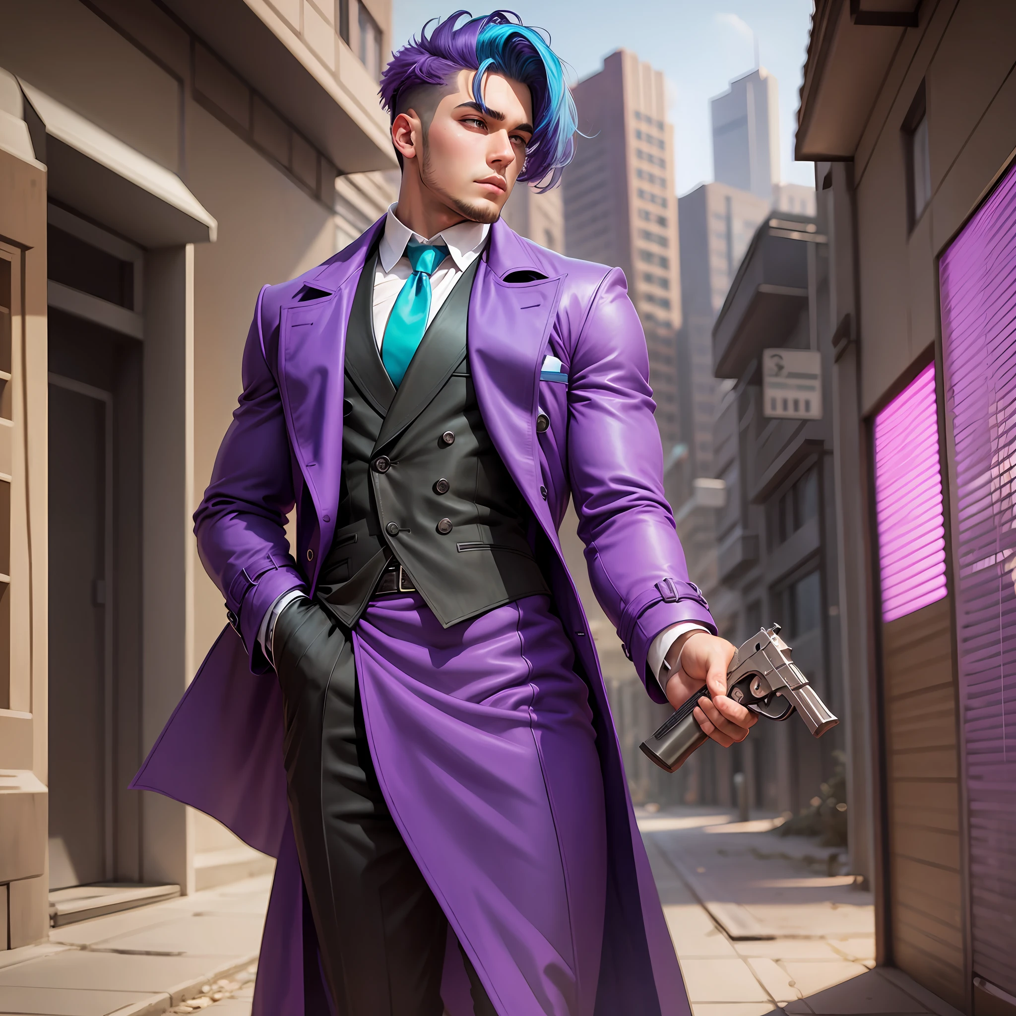 Purple trench coat, purple suit, turquoise hair, large back, young man, holding a pistol --auto --s2