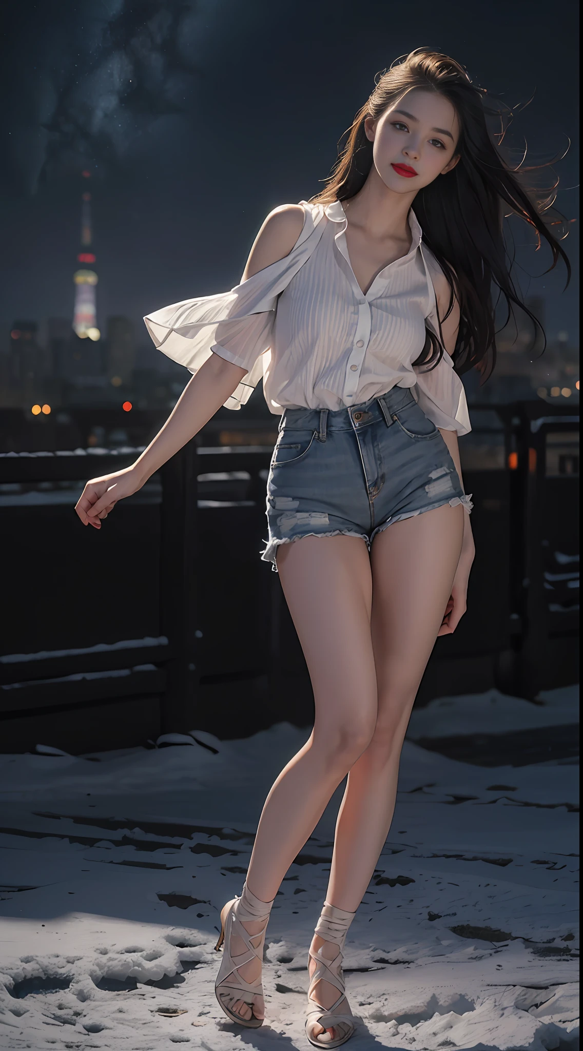 Best quality, masterpiece, ultra high res,(photorealistic:1.4),(starry sky:1.3),a sexy girl,shiny skin,on the snow, (the city beijing background:1.1),White shirt, blue denim shorts, (cinematic look:1.4),full body,feet,intricate details,Edge light,dramatic angle,(dynamic pose:1.2),depth of field,(side viewer:1.2), intricate details, hyperdetailed, low contrast, soft cinematic light, blurry, (dim colors:0.6), hdr, raw, slate gray atmosphere, blue eyes, red lips, smiling,