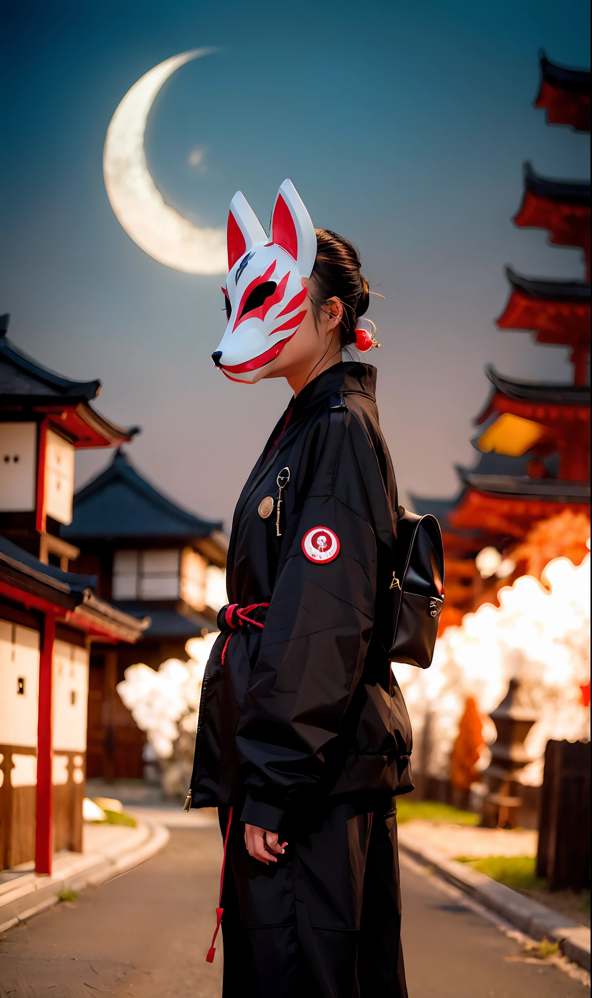 fire, fire, fox mask person wearing fox mask on face, woman, jet black, long coat, shorts, red full moon, moonlit night, Japan castle
