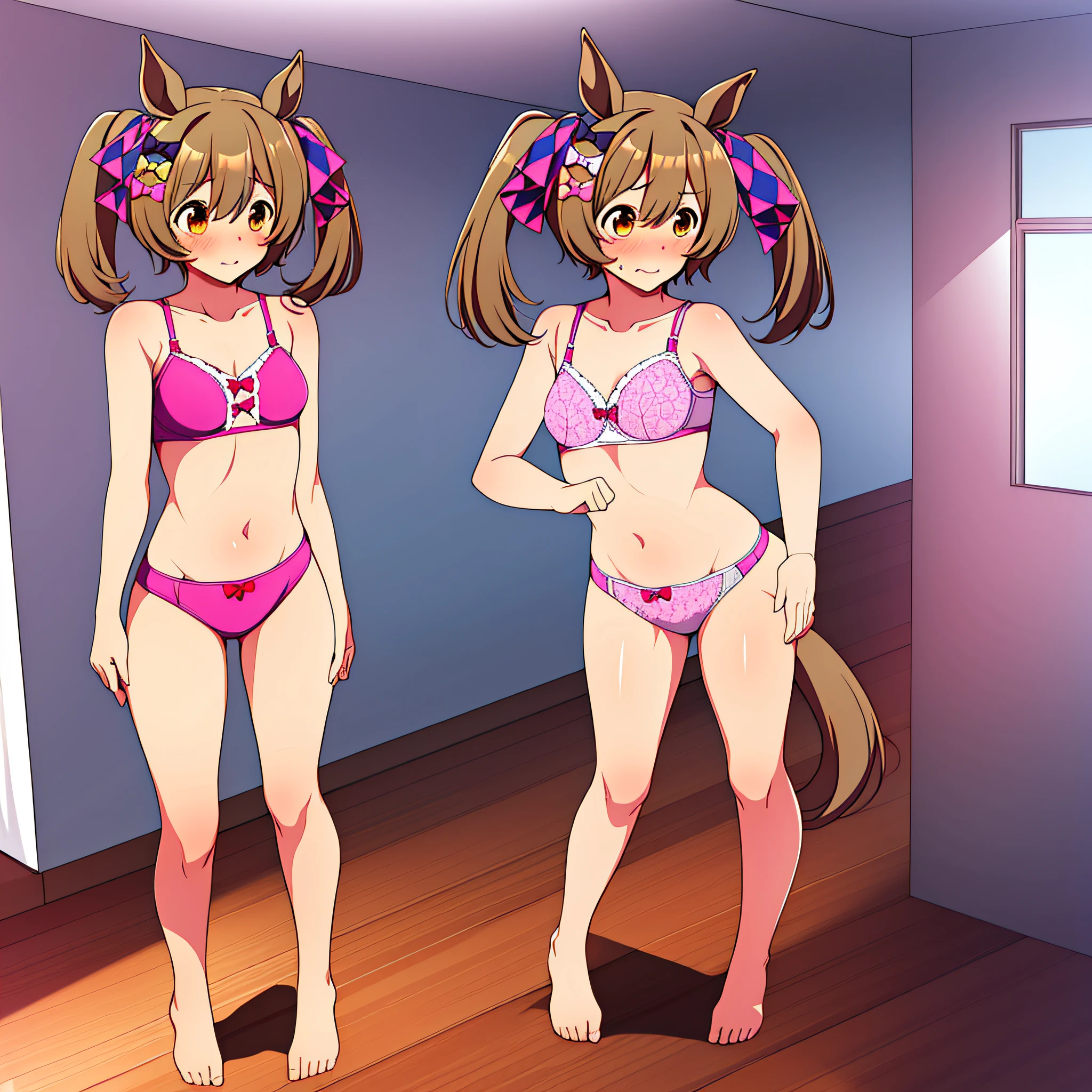 SmartFalcon, 1girl, horse girl, underwear, standing, bra, panties, blush, shy, small curvaceous, naughty, beautiful, best, high quality