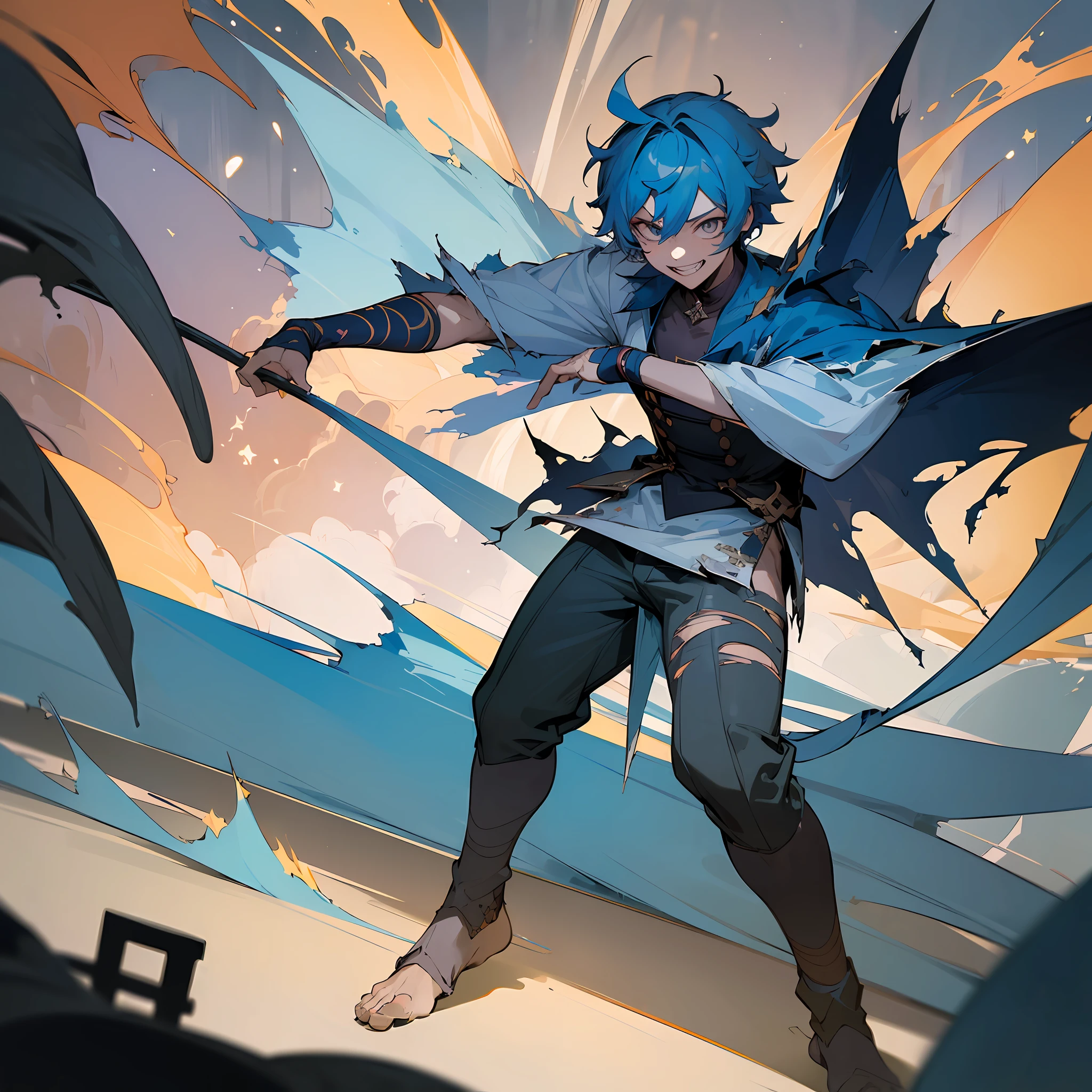 ((Masterpiece, best quality:1.2)) Hd, ((surreal touch:1.2)), bokeh, looking at viewer, benett (genshin impact:1.2)), 1boy, standing, ((blue hair:1.3)), messy hair, king crown, fangs, (((wearing torn clothes))), dragon, fire in background, full body, grin sme, ((fight stance:1.1)), ((solo focus))