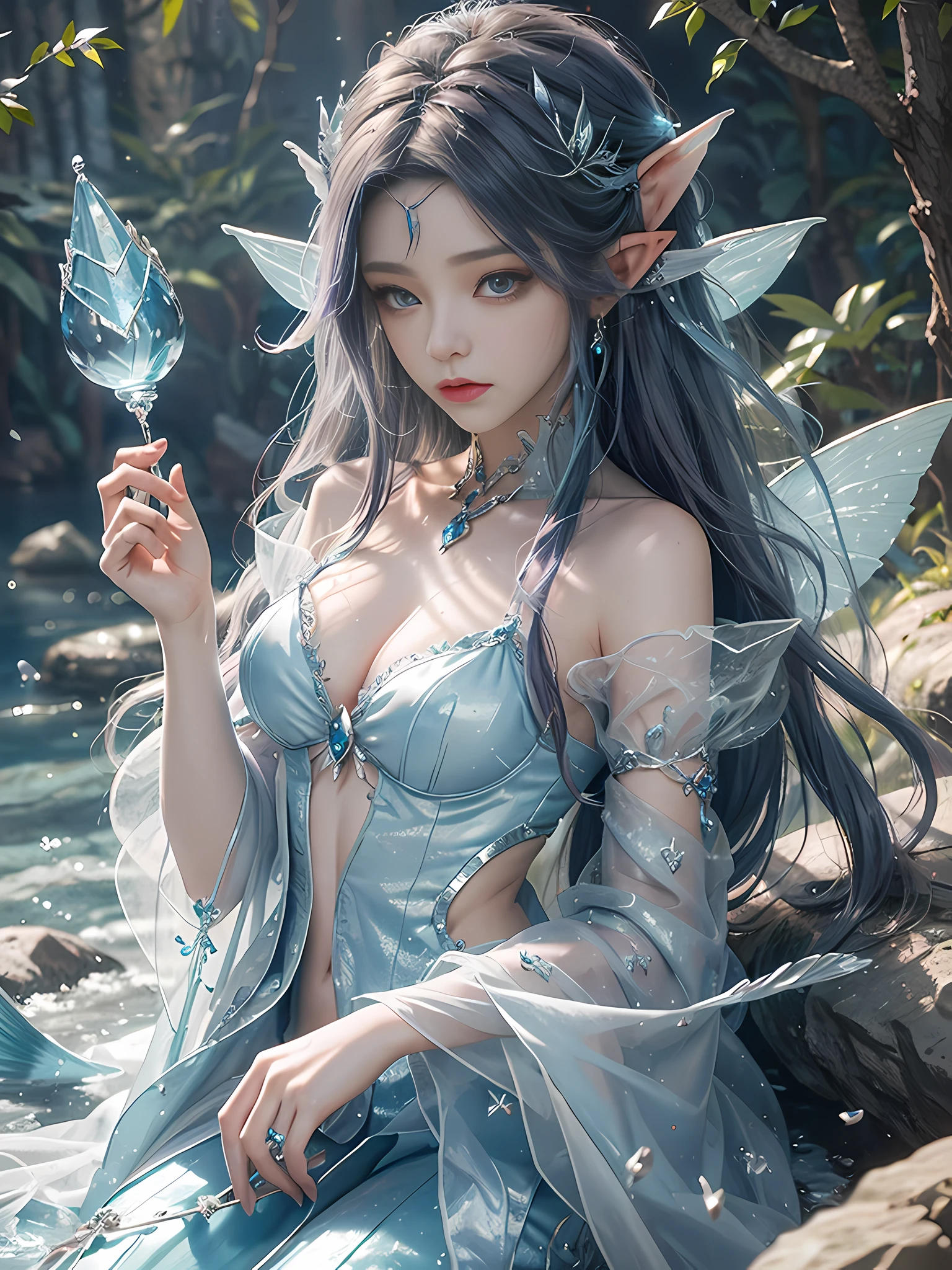 Blue and violet dream color system, sense of fate, best quality, master layout, lighting lighting, mermaid, sea, stone pill, elf, holding mussel pearl in hand, wearing fairy tale costume, gauze sleeve fairy skirt, water fairy, close-up fantasy and water magic, ethereal fantasy, fairy tale aesthetics, astral fairy, beautiful and elegant elf queen, ethereal fairy tale, beautiful ancient frost witch, fantasy aesthetics! , fairy tale core, anime cosplay, ethereal beauty, fantasy art style, anime girl cosplay, ethereal fantasy, beautiful fairy
