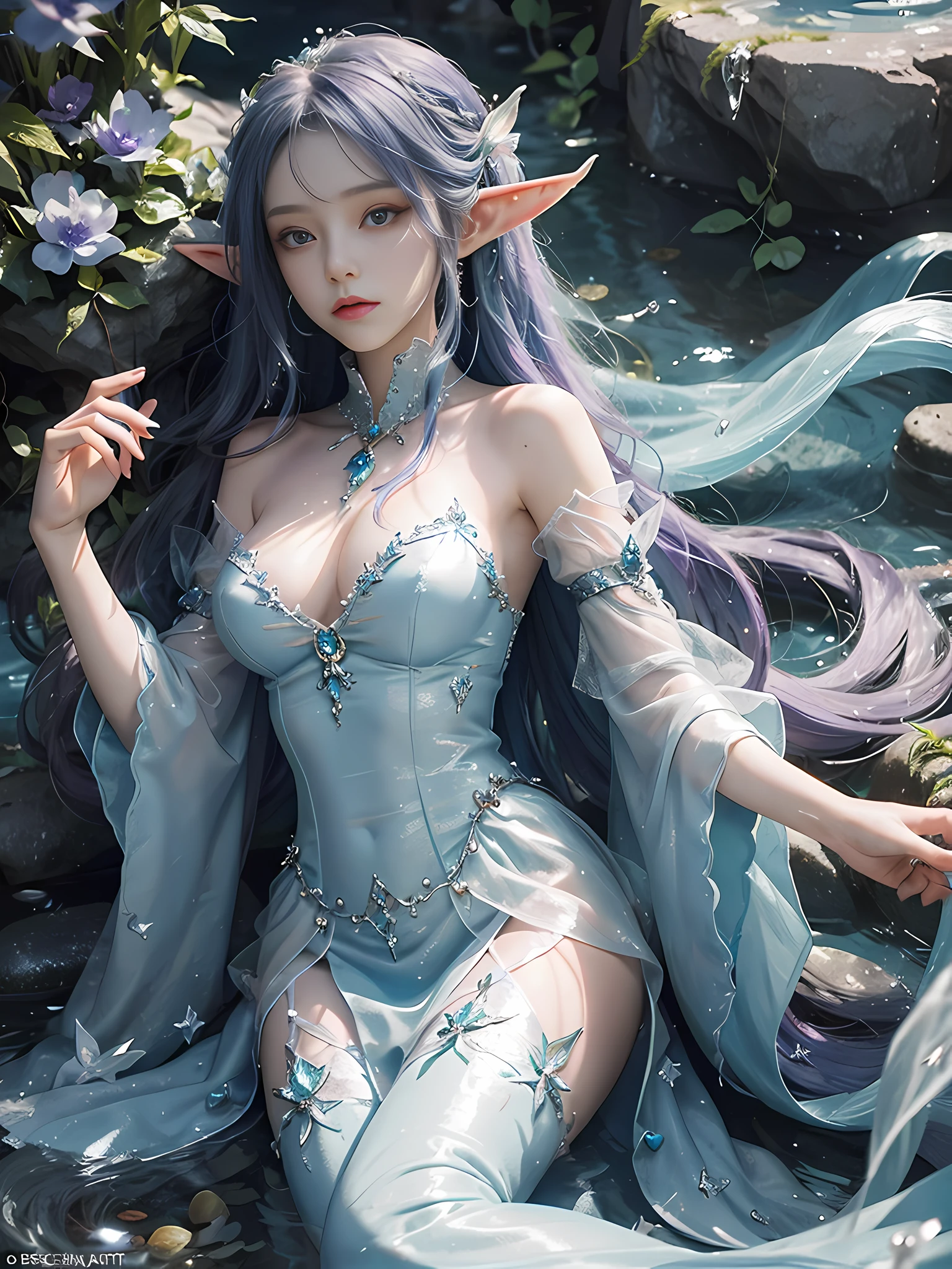 Blue and violet dream color system, sense of fate, best quality, master layout, lighting lighting, mermaid, sea, stone pill, elf, holding mussel pearl in hand, wearing fairy tale costume, gauze sleeve fairy skirt, water fairy, close-up fantasy and water magic, ethereal fantasy, fairy tale aesthetics, astral fairy, beautiful and elegant elf queen, ethereal fairy tale, beautiful ancient frost witch, fantasy aesthetics! , fairy tale core, anime cosplay, ethereal beauty, fantasy art style, anime girl cosplay, ethereal fantasy, beautiful fairy