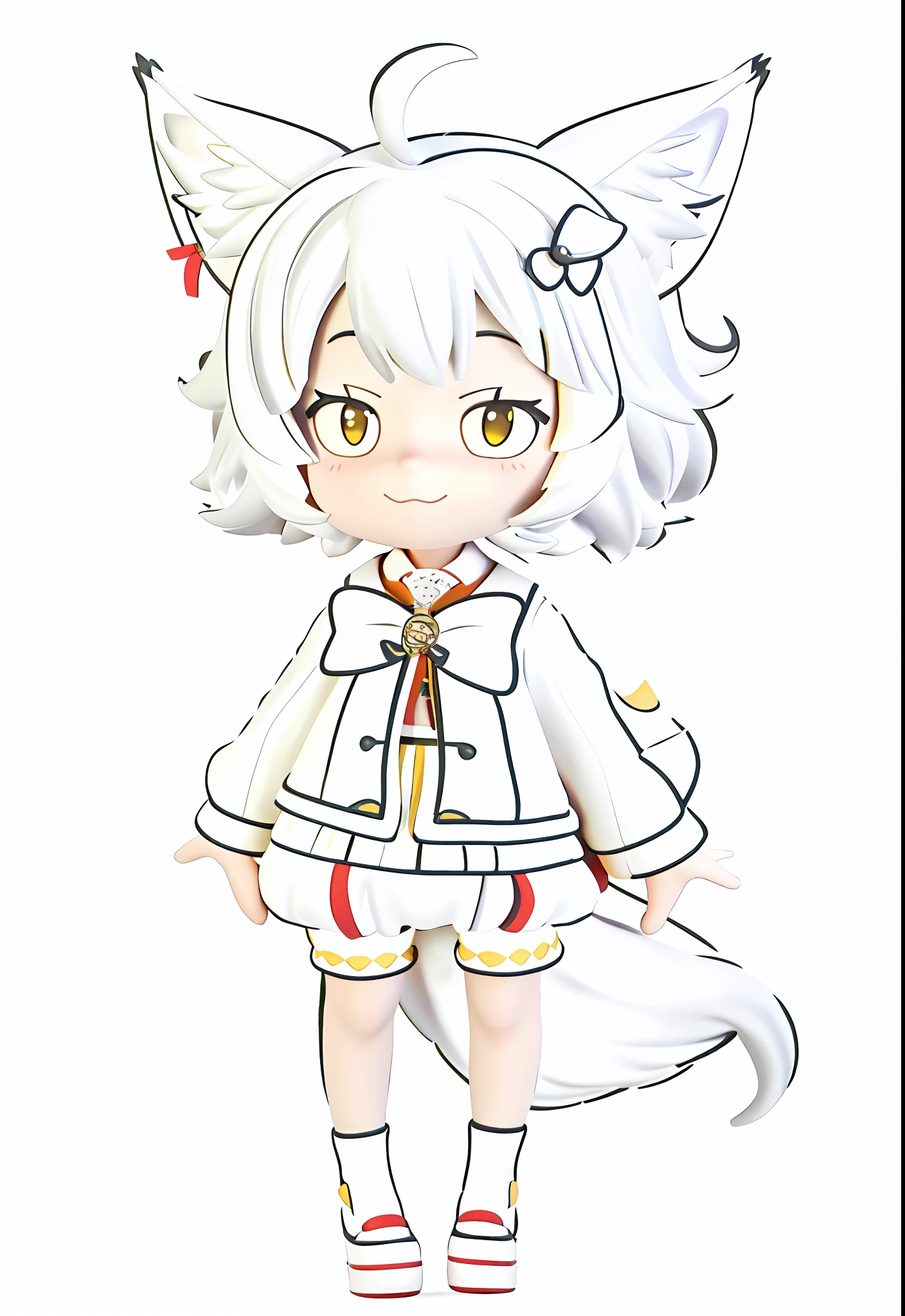 A painting of a girl with cat ears and yellow bloomers, white hair, red clothes, yellow and red shoes, fluffy fox tail