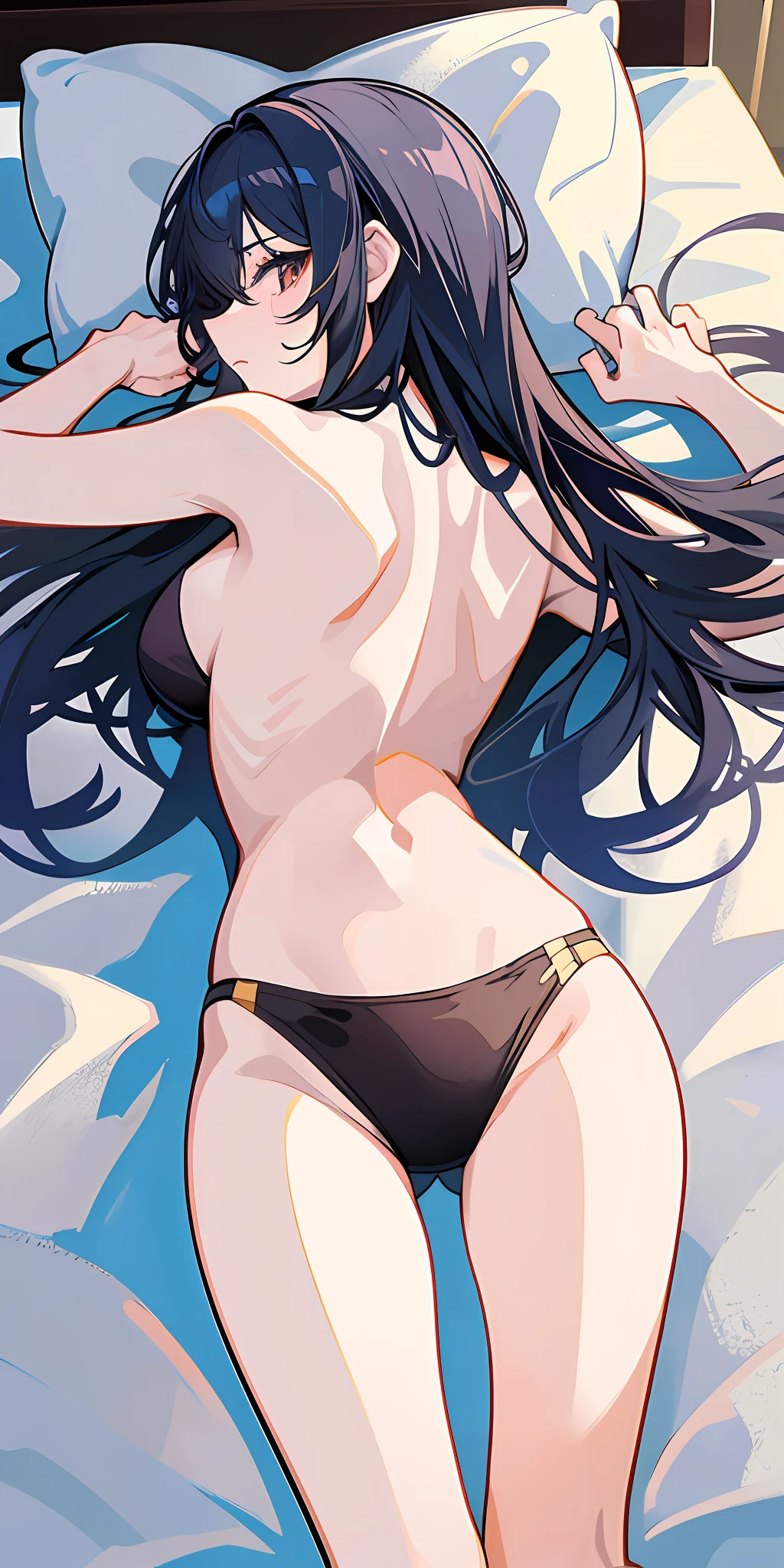 Girl, (showing navel, long legs, back and shoulders: 1.5), long legs, long black hair and waist, lying on the bed, beautiful