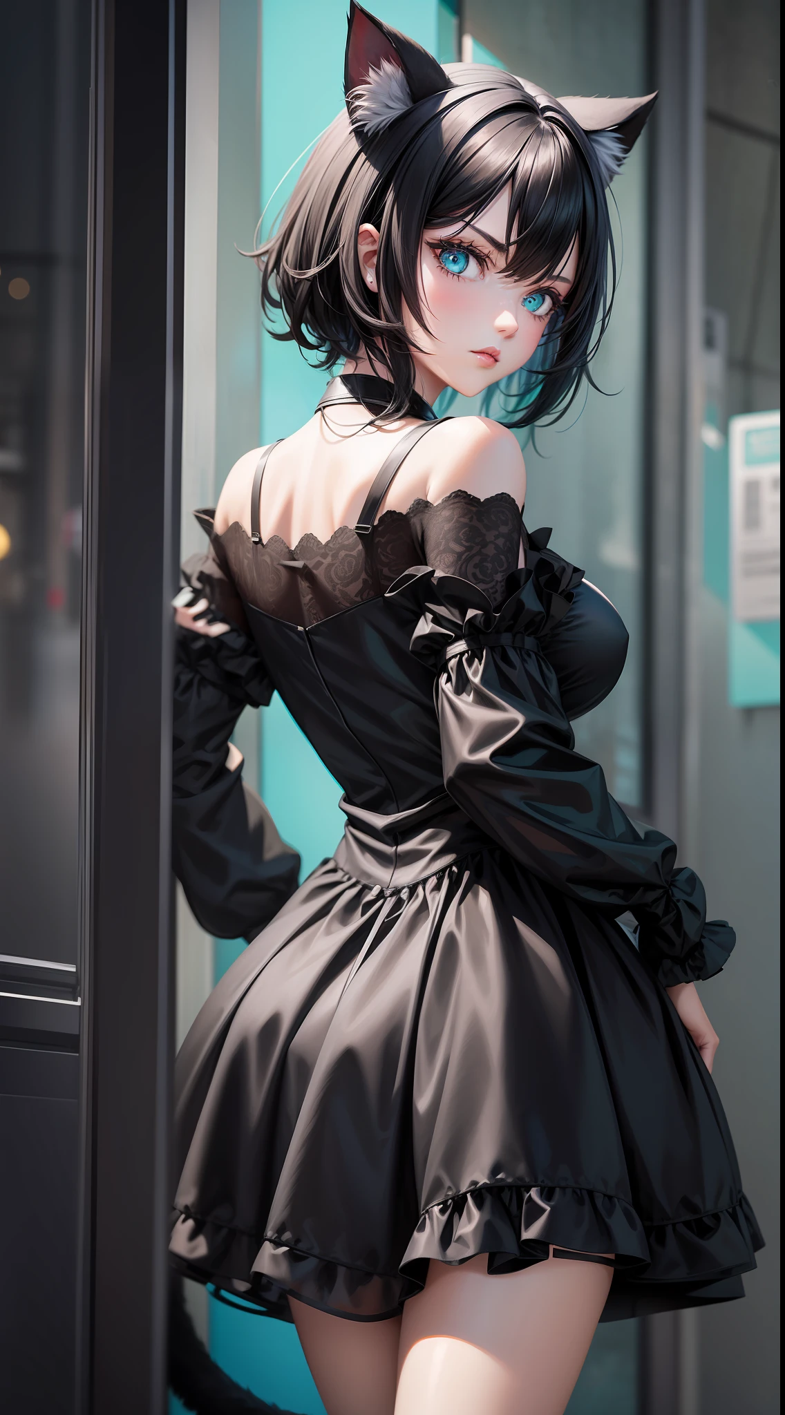 Adult girl, short black hair, turquoise eyes, cat ears and tail, black rich beautiful dress, open shoulders, serious look, masterpiece, high quality