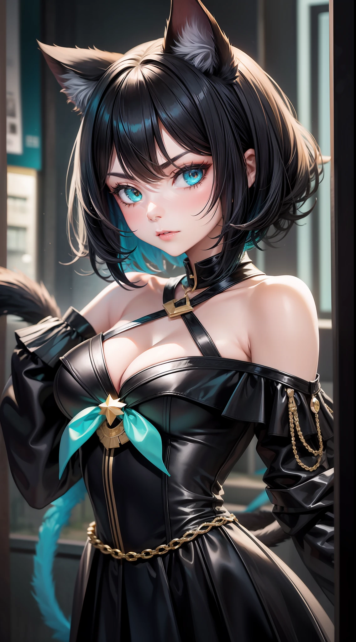 Adult girl, short black hair, turquoise eyes, cat ears and tail, black rich beautiful dress, open shoulders, serious look, masterpiece, high quality